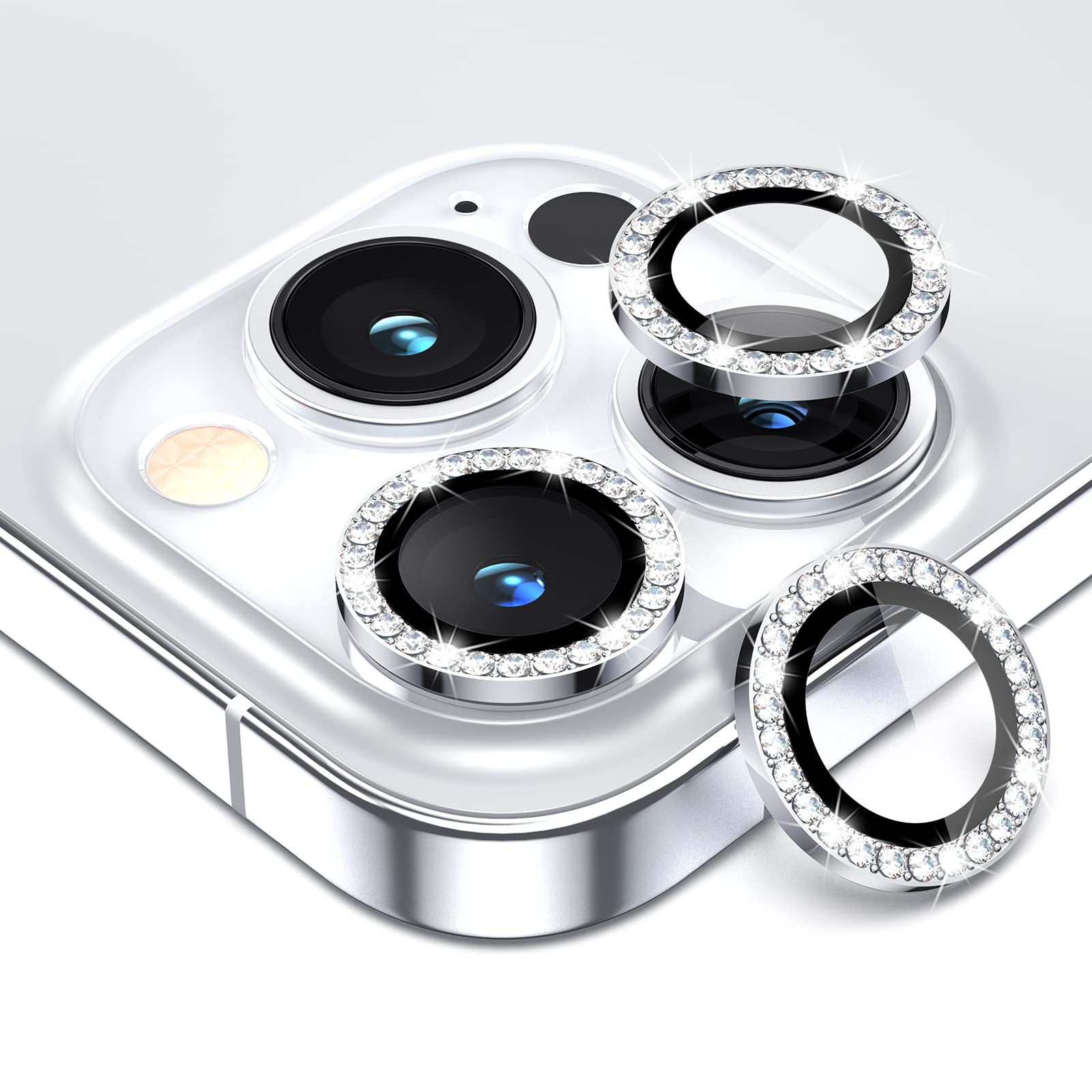 OIFEN for iPhone 13 Pro Max & iPhone 13 Pro Camera Lens Protector，HD Anti-Scratch Tempered Glass Diamond Camera Protector Cover for 13Pro 6.1" / 13 ProMax 6.7 inch 2021,Silver Diamond
