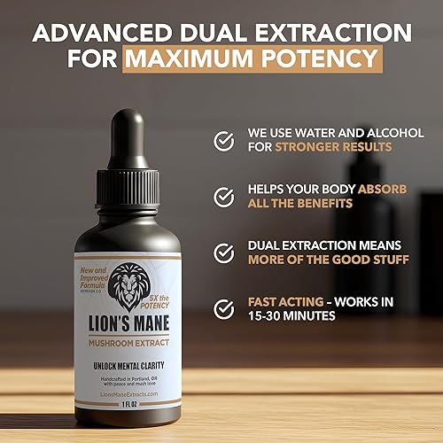 Miniatura 5 de Tintura de hongo con extracto de melena de león  Apoyo de enfoque, memoria y claridad  1 oz, suplemento de melena de león extracto líquido  Doble