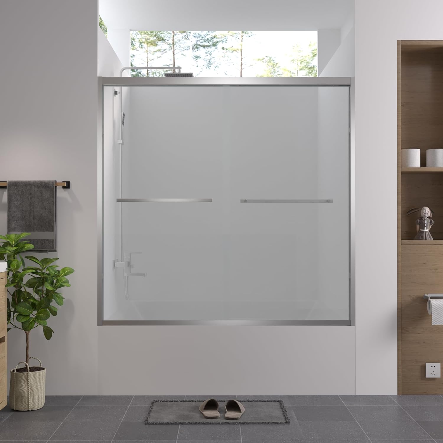 Bathtub Screen, Aluminum Frame Double Sliding Shower Door, Glass & Metal, Chrome, Contemporary, 56-60"x58", Reversible Installation, 79.37 Pounds