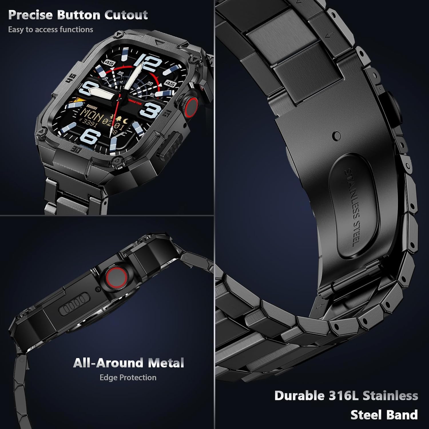 ELECTIM Stainless Steel Band with Case Compatible with Apple Watch 49mm（Ultra 2/1） 46mm 45mm 41mm, Rugged Metal Strap with Protective Bumper Cover for iWatch Series 10（46mm）9 8 7 For Men (PureBlack, 45mm(Series 7/8/9))