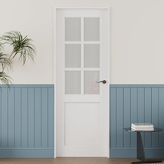 28'' x 80'' 6-Lite French Interior Tempered Frosted Glass Door Slab for Pantry Doors, French & Pocket Doors, Solid Core Interior Door w/o Hardware Kit, Prehung Jamb or Borehole, White