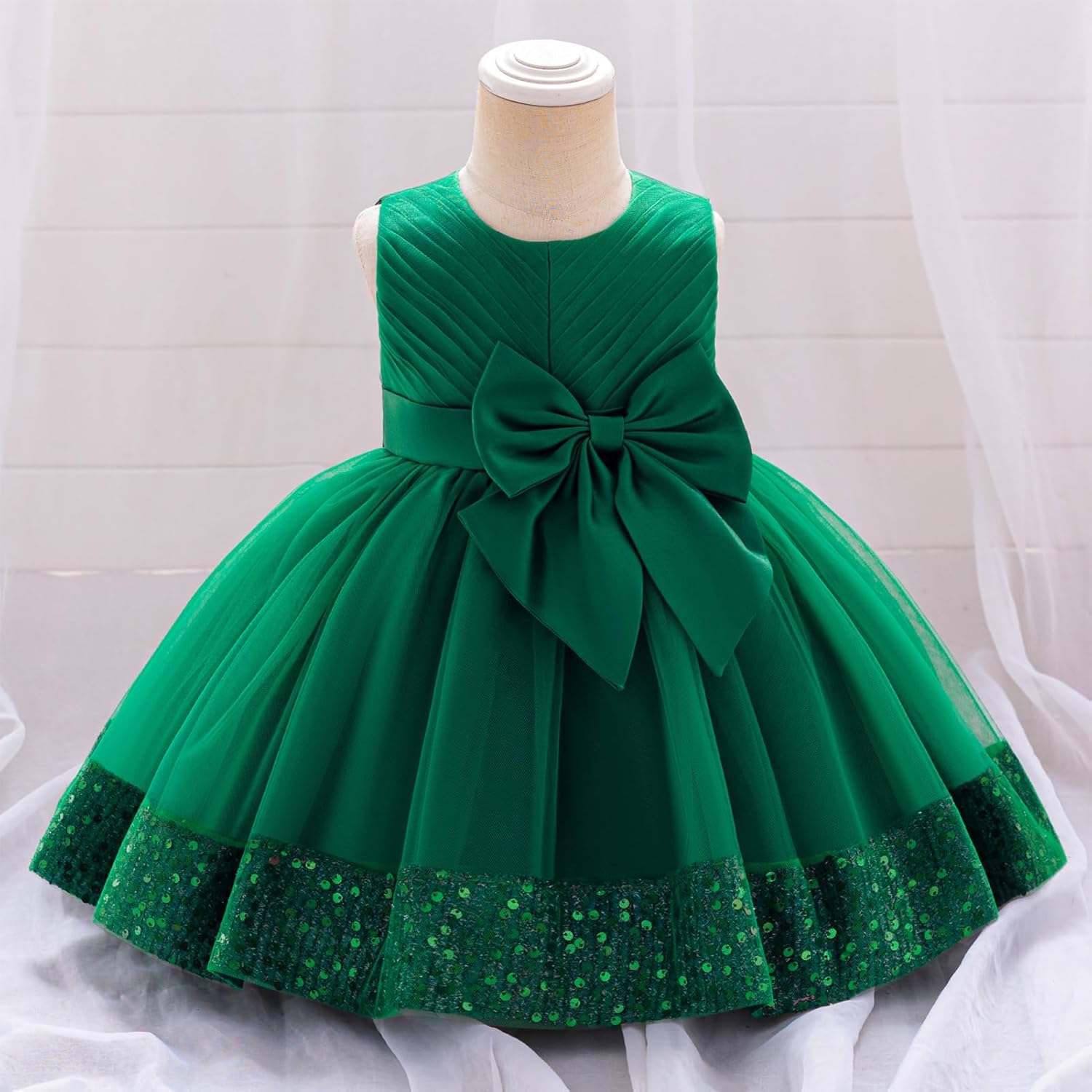 OBEEII Infant Baby Girls Pleated Bowknot Sequins Tulle Tutu Dress Toddler Formal Birthday Baptism Wedding Flower Girl Dress - Image 2