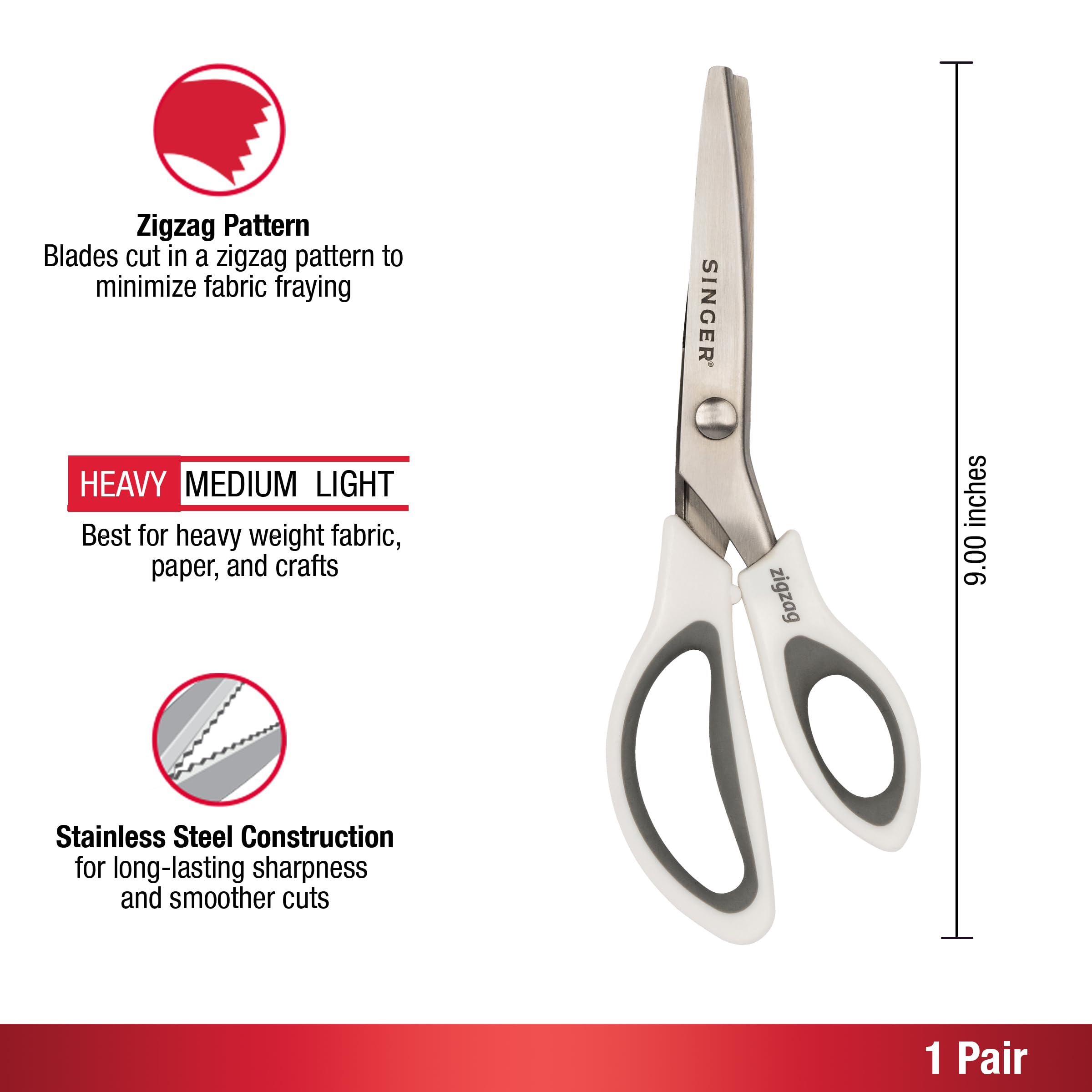 SINGER Tijeras dentadas de 22,86 cm, tijeras en zigzag para tela, color blanco