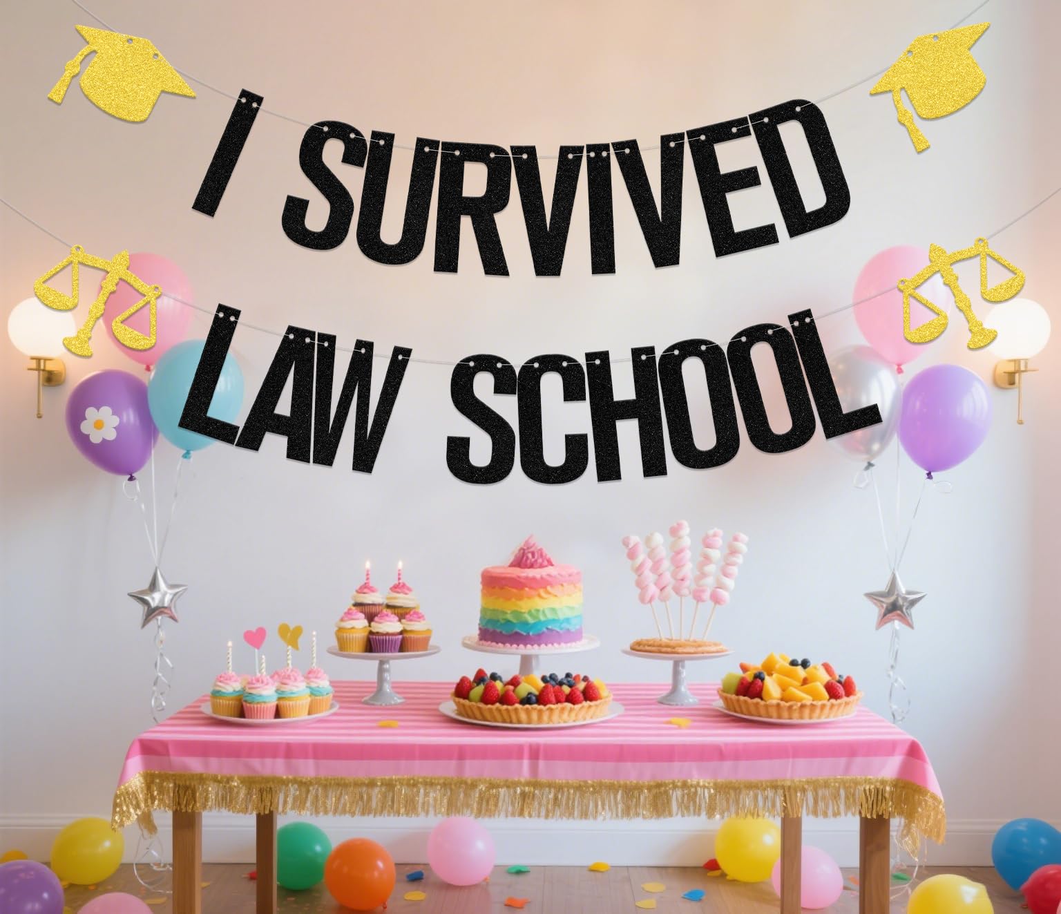 I Survived Law School Banner Congrats Grad Party Decorations for Lawyer Lawyer Graduation Party Supplies Black Gold - Image 3