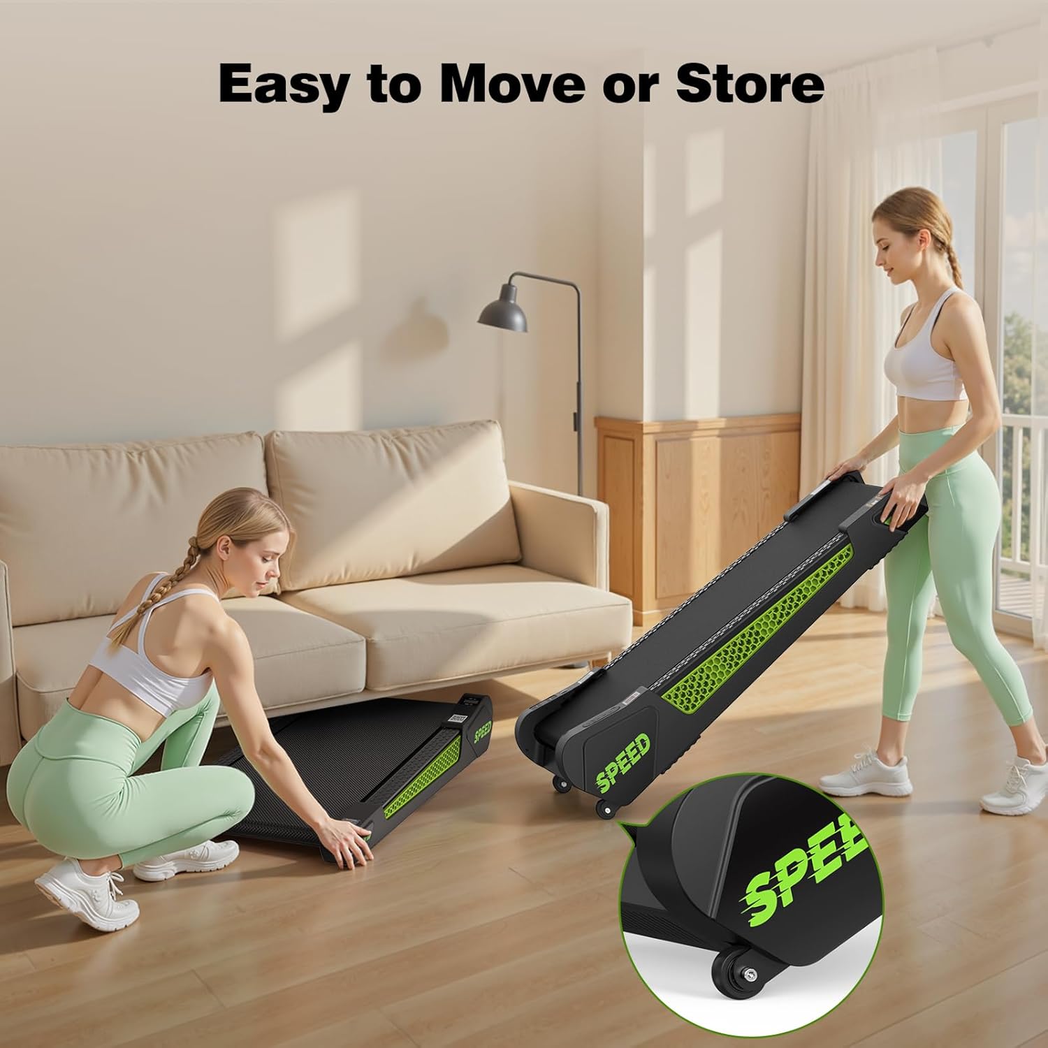 Two women demonstrating how to easily move and store the LIVIVOX Walking Pad, highlighting its built-in wheels.
