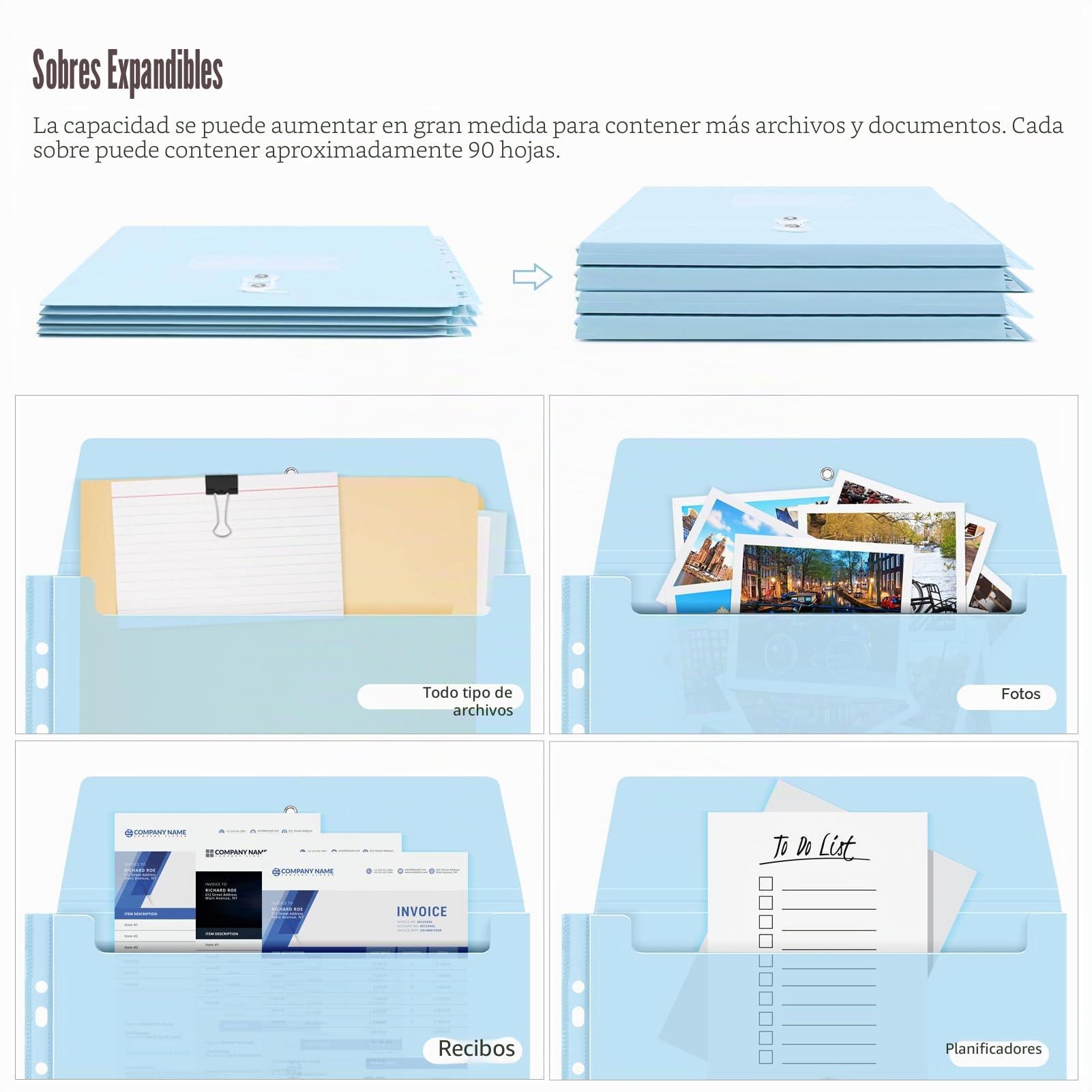 Uquelic Organizador de archivos A4 con anillo 3D – Carpeta de archivos con 10 bolsillos perforados de plástico expandibles, azul