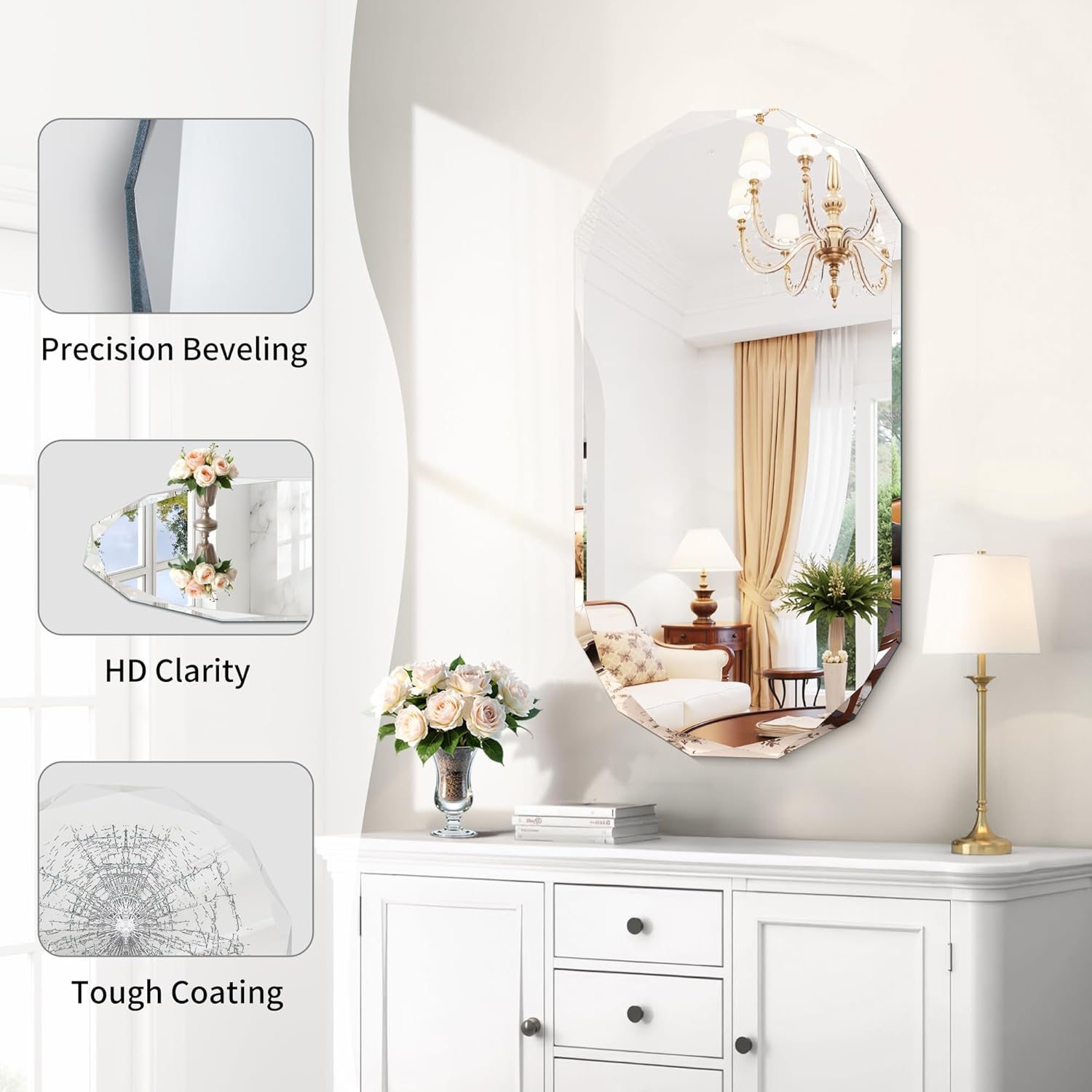 GLASHOM Beveled Edge Frameless Bathroom Mirror, Oval Wall Mirror for Over Sink, 18" x 36" Modern Decorative Vanity Mirror for Bedroom, Living Room, Entryway, Hanging Mirror Horizontal or Vertical