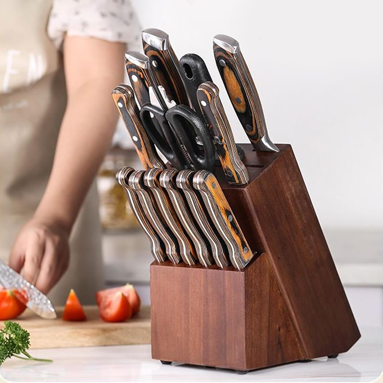 Knife Block Organizer, Wooden Cutter Holder, 14 Slot Kitchen Storage Rack, Counter Top Knife And Scissor Stand, Easy Access For Home Cooking Kitchen Tool Organizer, Safe Storage Solution