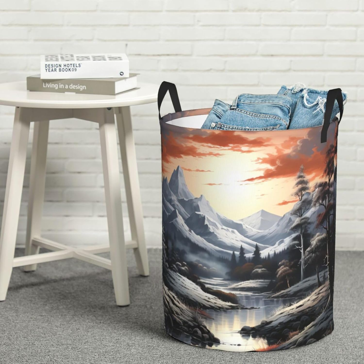 Paint Landscape Laundry Basket With Handles, Foldable Laundry Hamper Oxford Cloth Dirty Clothes Basket Waterproof Clothes Toys Storage Bin Organizer for Bedroom Bathroom Dorm