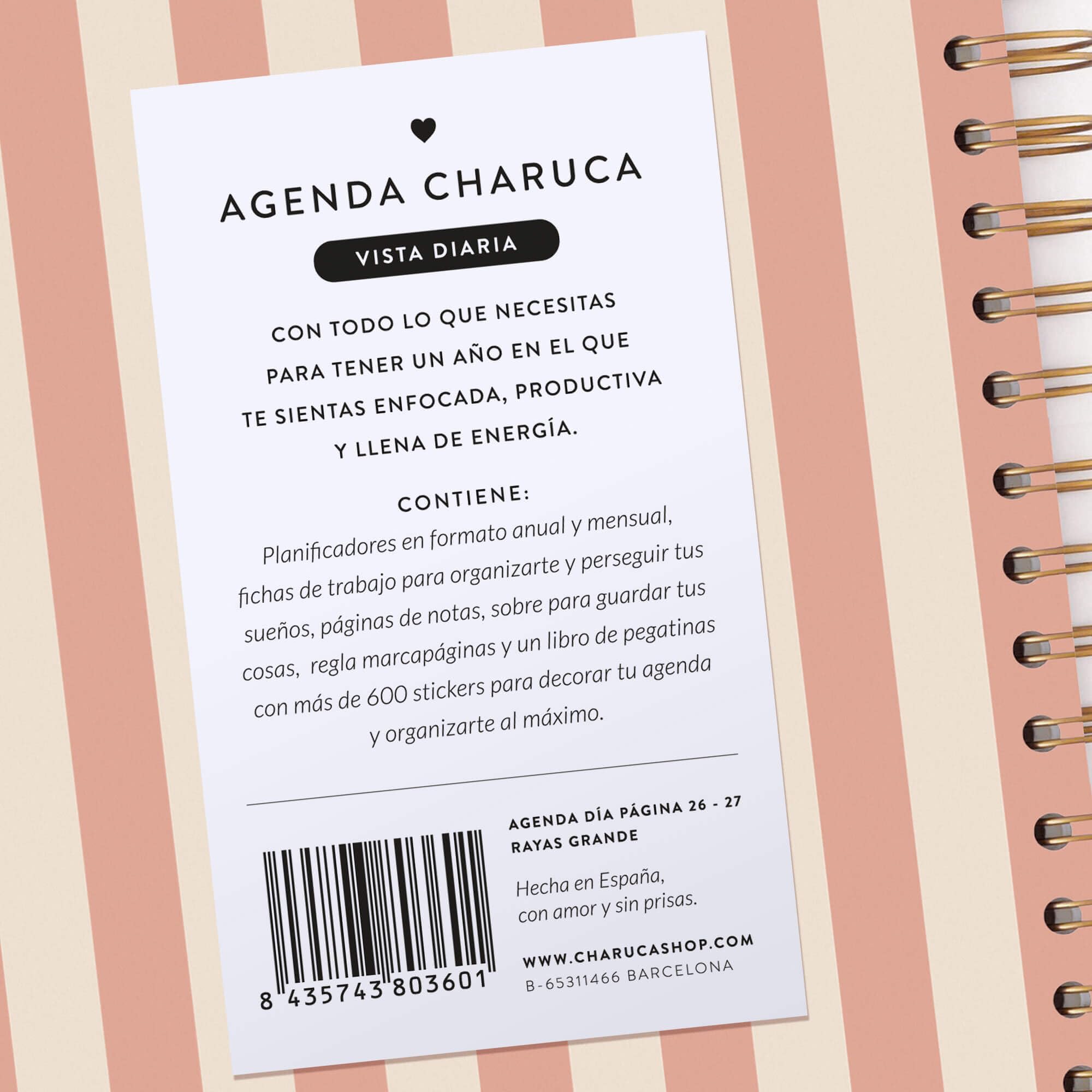 Charuca Akademischer Terminkalender 2026-2027 TAGESANSICHT – Hardcover mit Golddetails, Großes Format – Inklusive schützender Stofftasche und Lesezeichen (Rayas Pink)