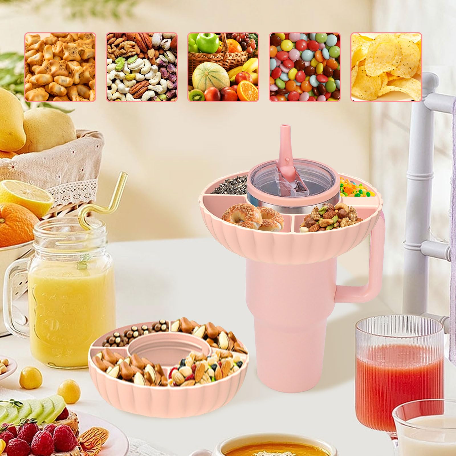 Piatto Snack In Silicone Per Tazze Stanley - Con 3 Tappi Antigoccia, Colore Crema - Foto 3