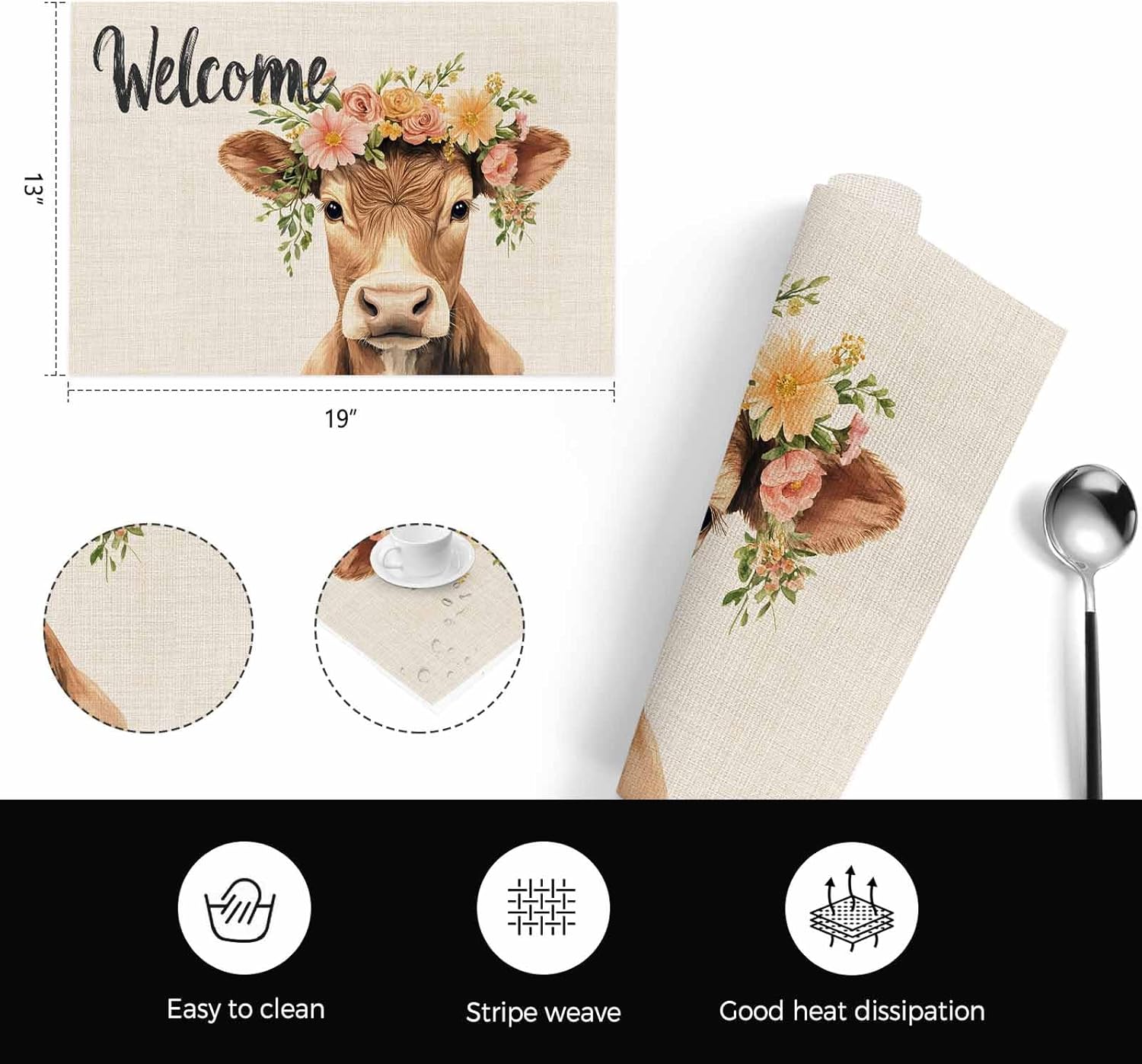 Floral Cow Placemats Set of 4, Washable PVC Kitchen Table Mats Place Mats, Botanical Garden Flowers Spring Animal Woven Vinyl Placemat for Dining Table, 13" x 19"