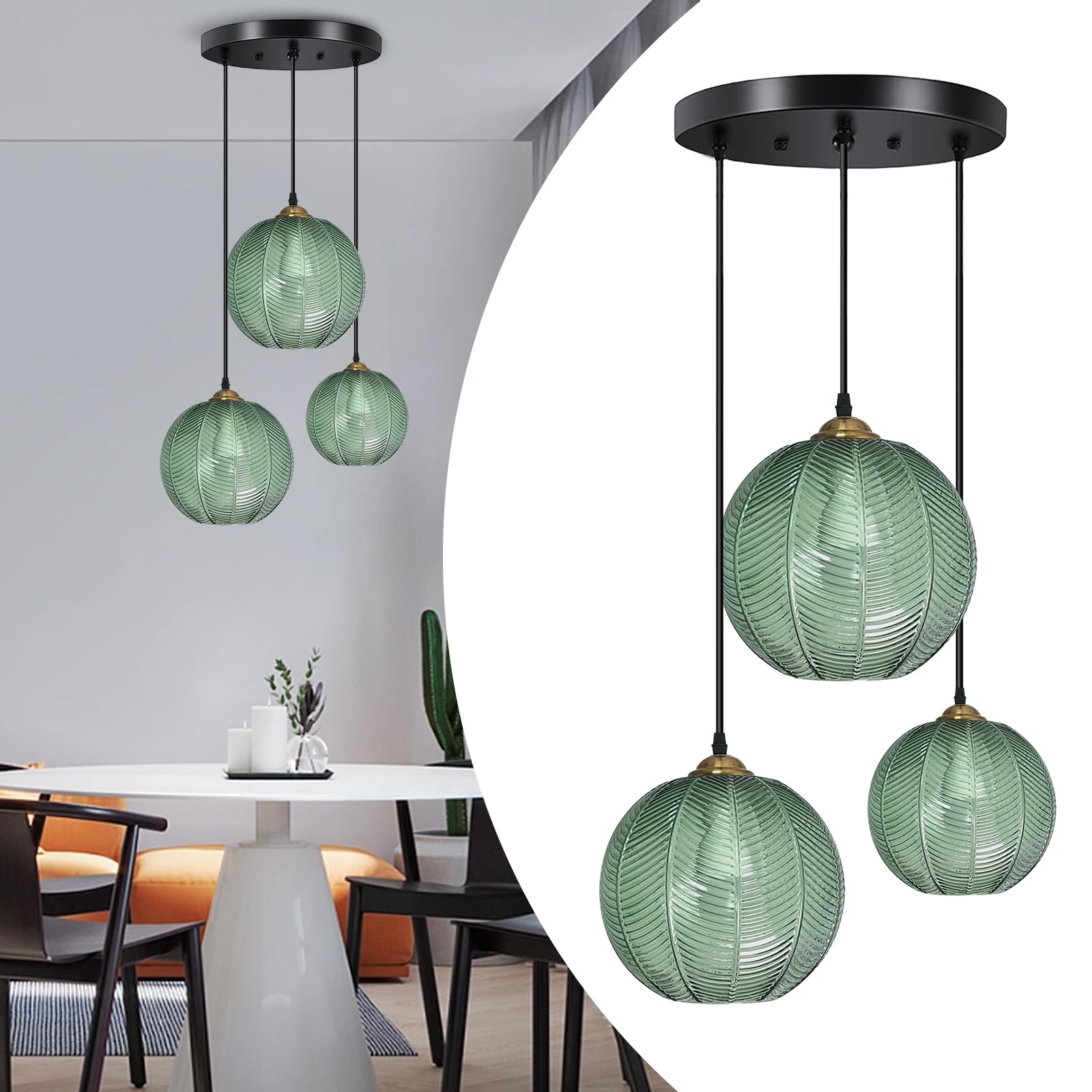 Lampada a Sospensione, Moderna lampadario Lampada a soffitto Industriale a Sospensione con Paralume in Vetro Verde per la Colazione Bar Angolo Cucina Isola Sala da Pranzo Soggiorno (3Light)