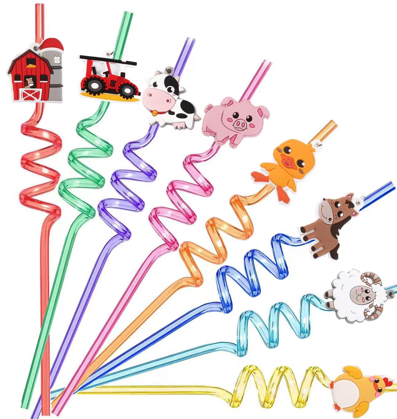 Generic 24 Reusable Farm Animal Plastic Straws Chicken Sheep Horse Cow Pig Duck Tractor for Barnyard Farm Birthday Party Supplies Gift Favors with 2