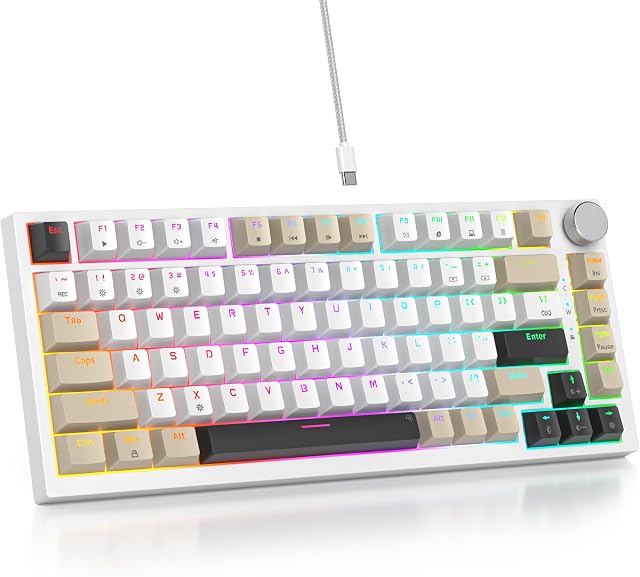 75 Percent Keyboard Gasket-Mounted with Sound Absorbing Pads, 82-Key Compact Wired RGB Mechanical Gaming Keyboard Hot-Swap Socket for Mac/Win, Gray Black White