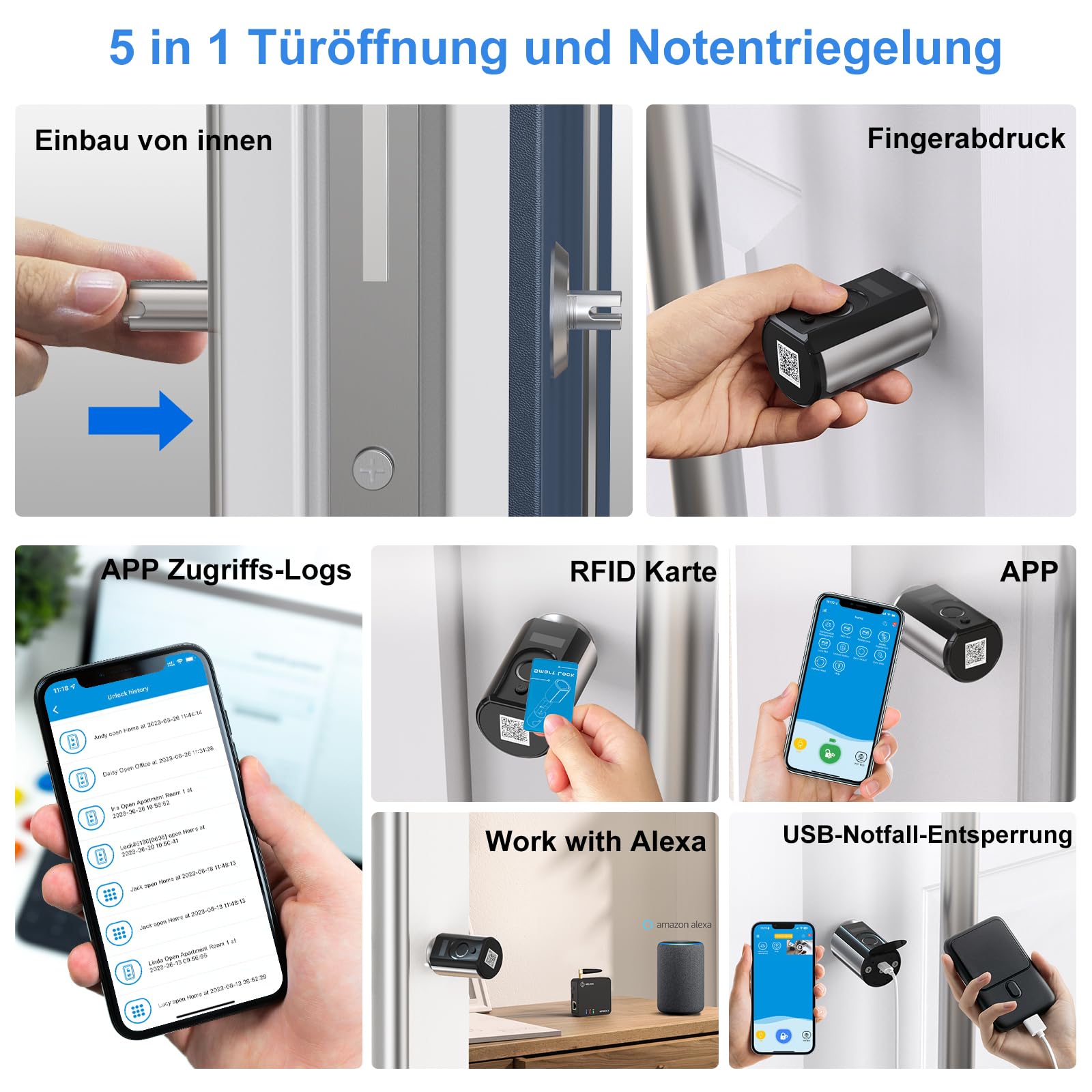 WELOCK Touch63 Fingerabdruck Türschloss Haustür Abnehmbarer Frontgriff | Elektronisches Türschloss Haustür,Fingerabdruck Schloss WI-FI,Smart Lock mit RFID-Karte BLE APP IP65 für 50-100mm Türen