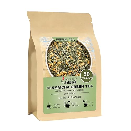 FullChea - Bolsas de té genmaicha, 50 bolsitas de té verde genmaicha, con arroz tostado y frutos secos, refrescante, poca cafeína, calma y ayuda a