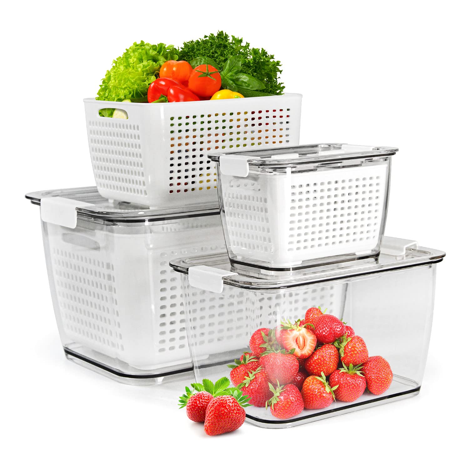 Spesh Frischhaltedosen Set Kühlschrank Organizer Wiederverwendbar Vorratsdosen 3er-Set (0,5L+1,7L+4,5L) Kunststoff Kühlschrank Organizer Set mit Deckel und Abtropfsieb (Weiß,3er Set)