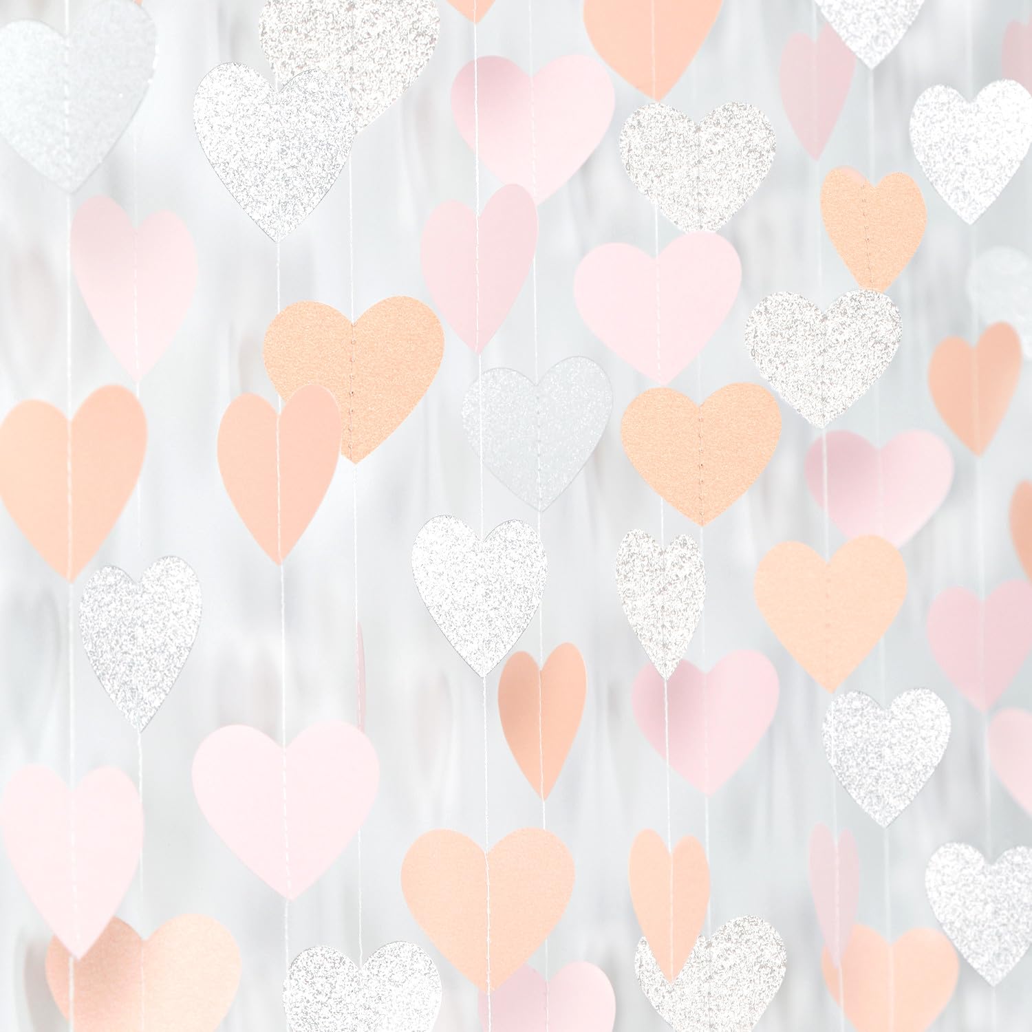 Pink-Silver Peach Birthday Party-Decorations Streamers - 52FT Hanging Heart Garland Banner,Valentines Baby Bridal Shower Engagement Anniversary