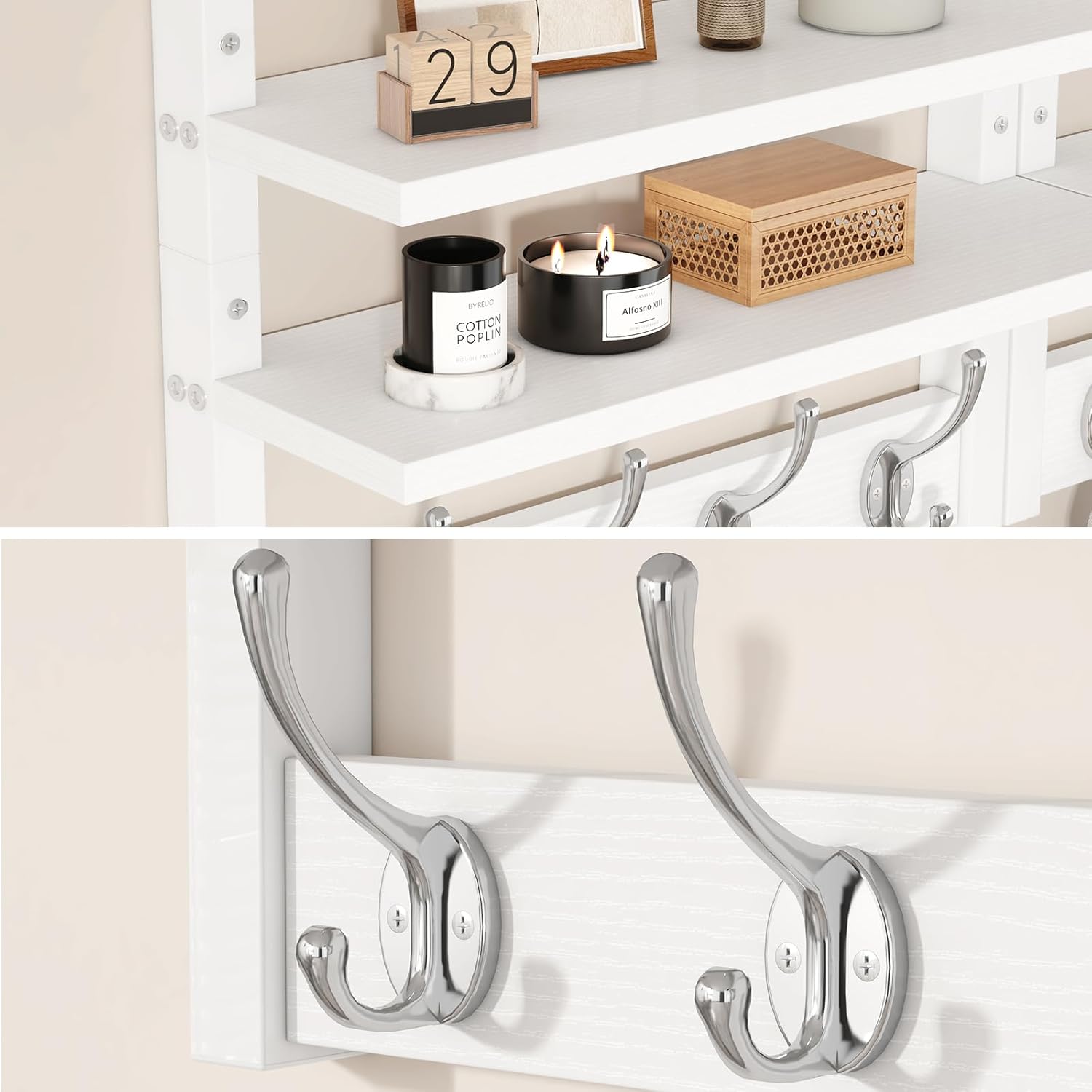 YMYNY Coat Rack Wall Mount with Shelf, Two-Tier Wall Shelf Mounted with 8 Hooks, Wooden Wall Coat Rack for Entryway, Bedroom for Hanging Clothes/Coats/Keys/Hats/Towels, White, HWS009W-2