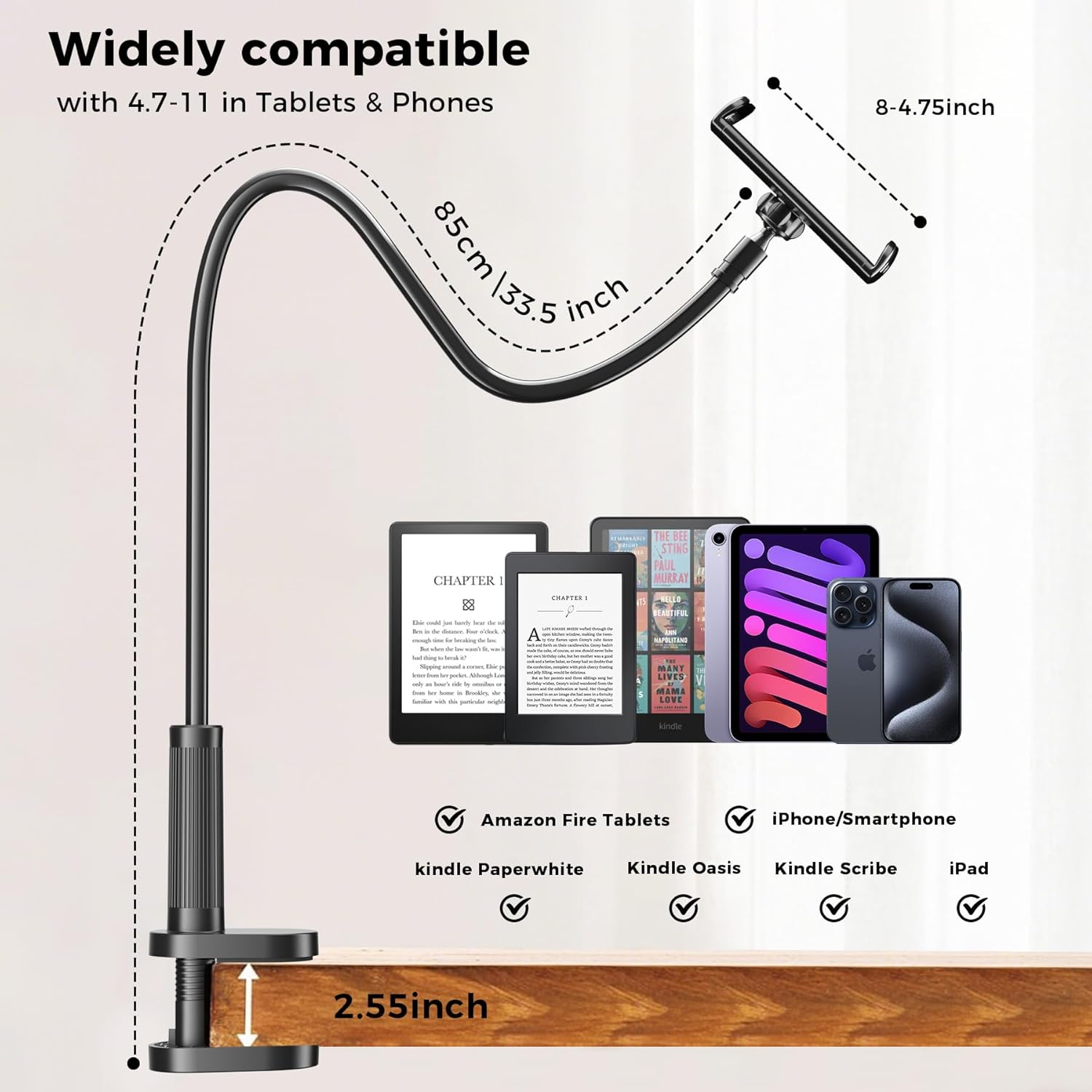 Kindle Holder with Page Turner Ring, Tablet Holder for Reading Acessories in Bed with Slient Remote Clicker, eReader Stand Compatible with Fire iPad iPhone