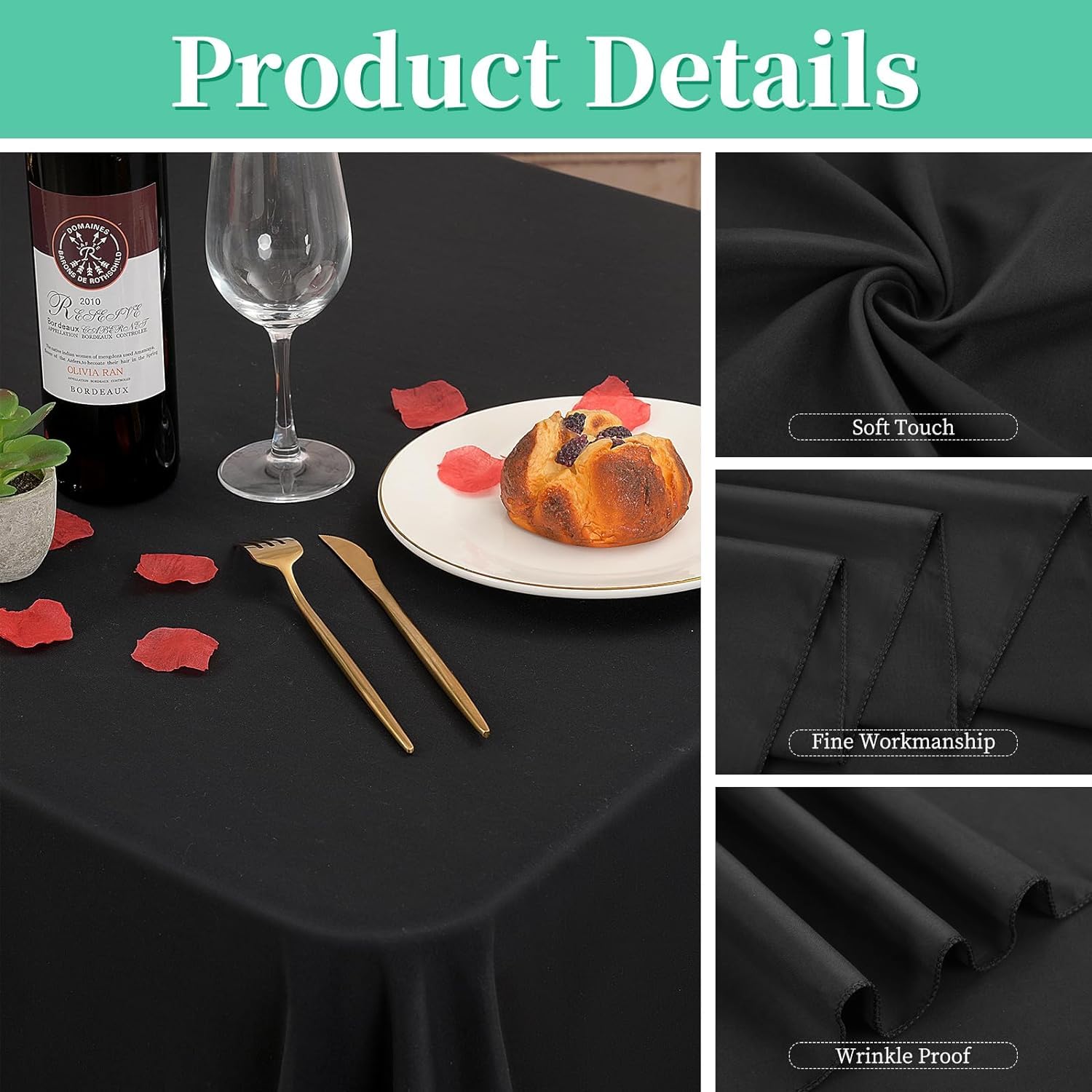 Paquete de 6 Manteles Negro de Poliéster para Mesas Rectangulares de 8 Pies, Reutilizables para Banquetes de Bodas y Fiestas (229 x 396cm)