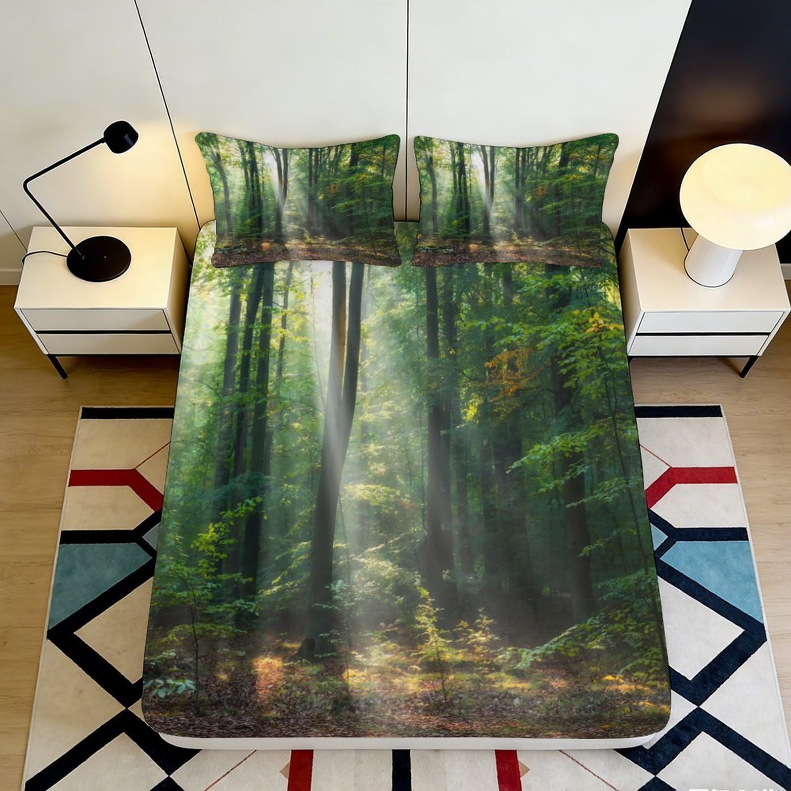 3D Printed Forest Trees Fitted Sheet Microfiber Soft Breathable Sunlight Mattress Cover for Bedroom Dormitory Guest Room Mattress Protection Decor 120x200x25cm