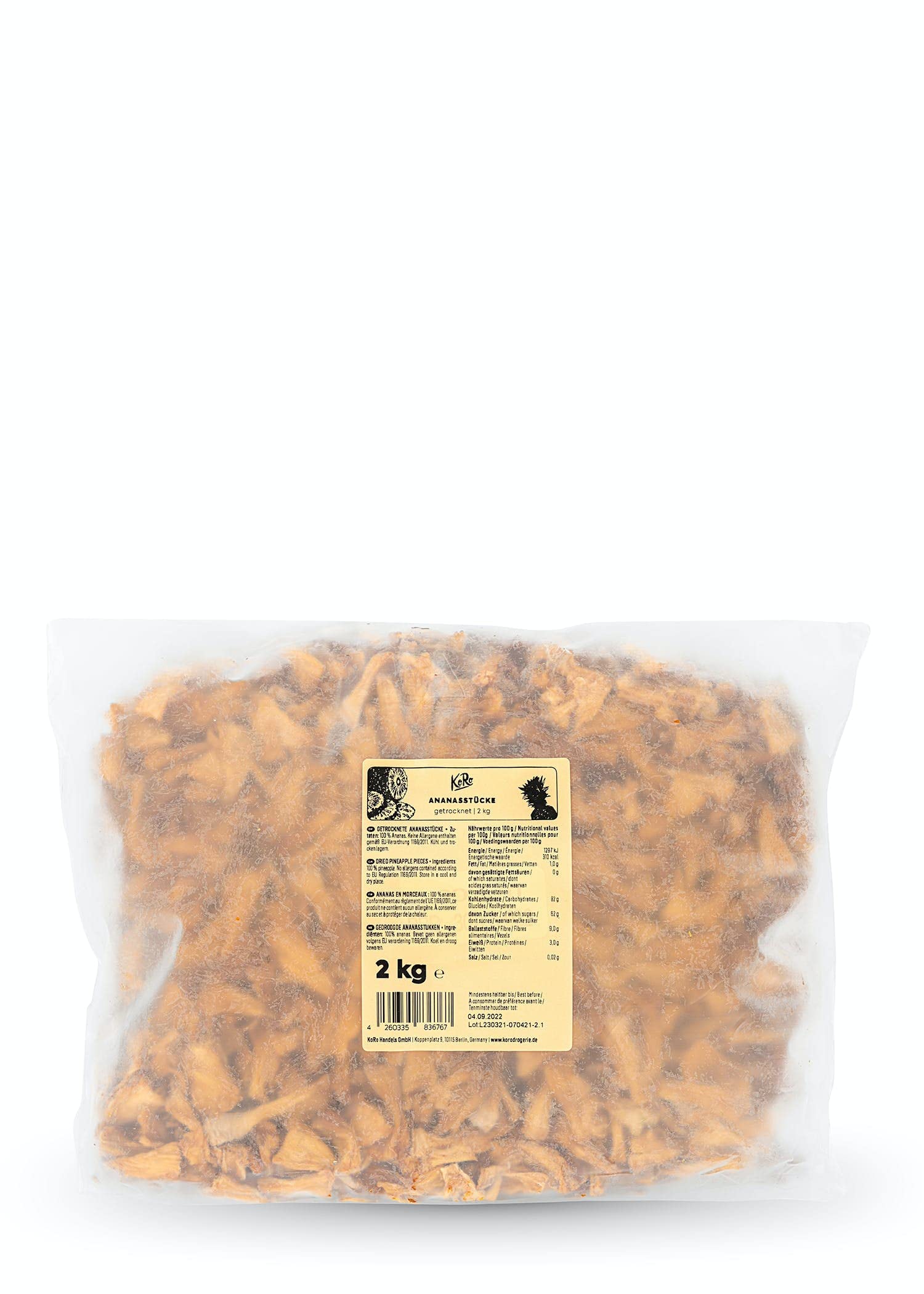 KoRo - Ananas essiccato a pezzetti 2 kg - Frutta disidratata senza additivi - Senza zuccheri aggiunti* e senza solfiti