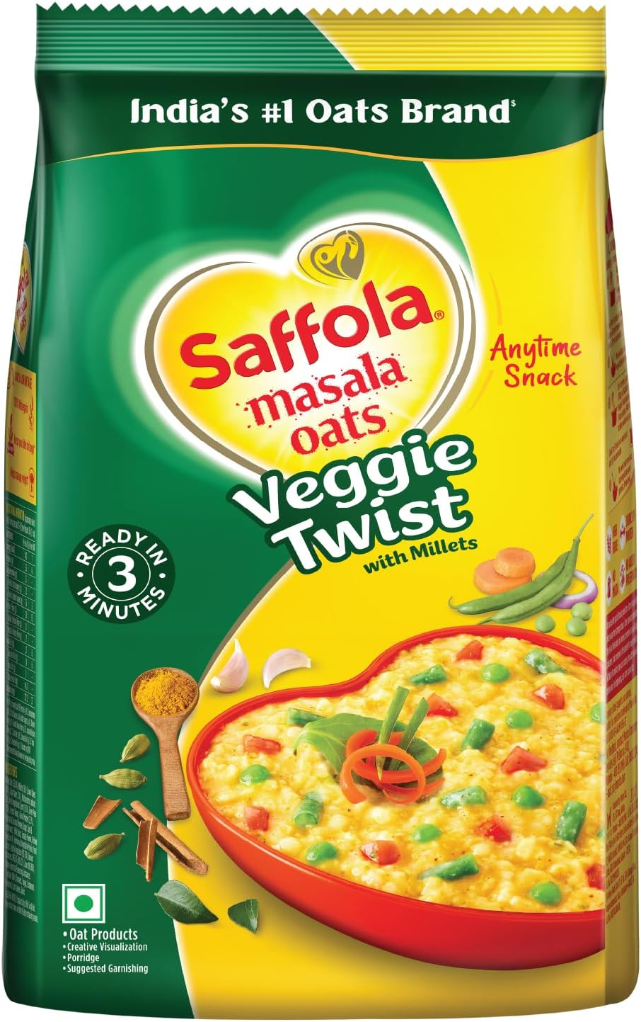 Saffola Masala Oats|500 G / 550 G |Veggie Twist|Tasty, Anytime Snack|Ready In 3 mins|Millets Goodness - With Bajra & Jowar|No maida, No added preservatives|Oats Helps Manage Weight [Weight May Vary]