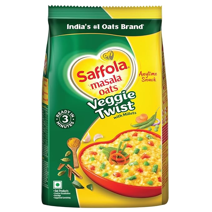 Saffola Masala Oats|500 G / 550 G |Veggie Twist|Tasty, Anytime Snack|Ready In 3 mins|Millets Goodness - With Bajra & Jowar|No maida, No added preservatives|Oats Helps Manage Weight [Weight May Vary]