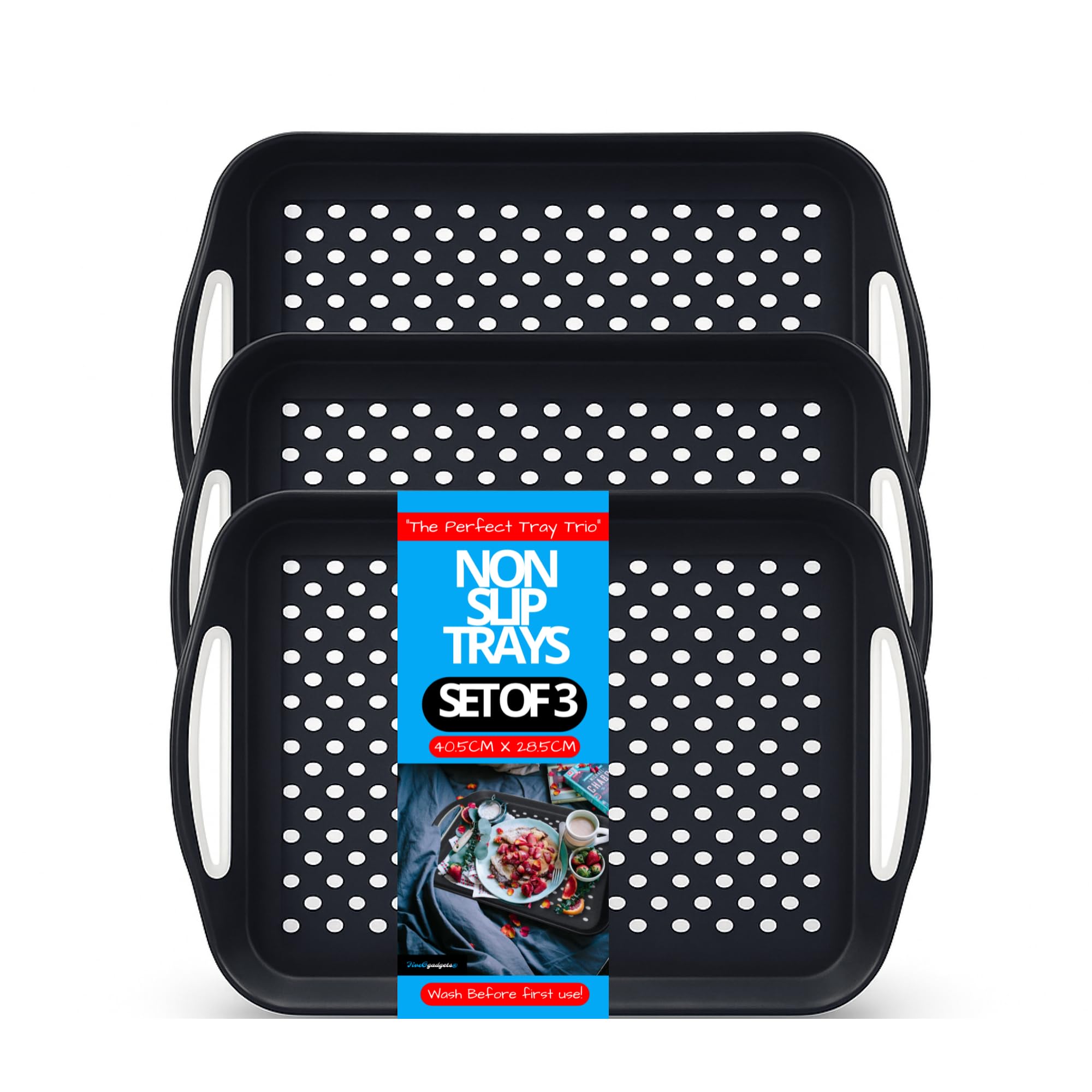 FIVEGGADGETS® (3 Pack) Non-Slip Serving Trays – Anti-Slip Lap Trays for Eating, Dinner, Tea & TV Meals – High-Grip Rubber Surface for Waiters & Home Use – Essential Food Tray (Black)