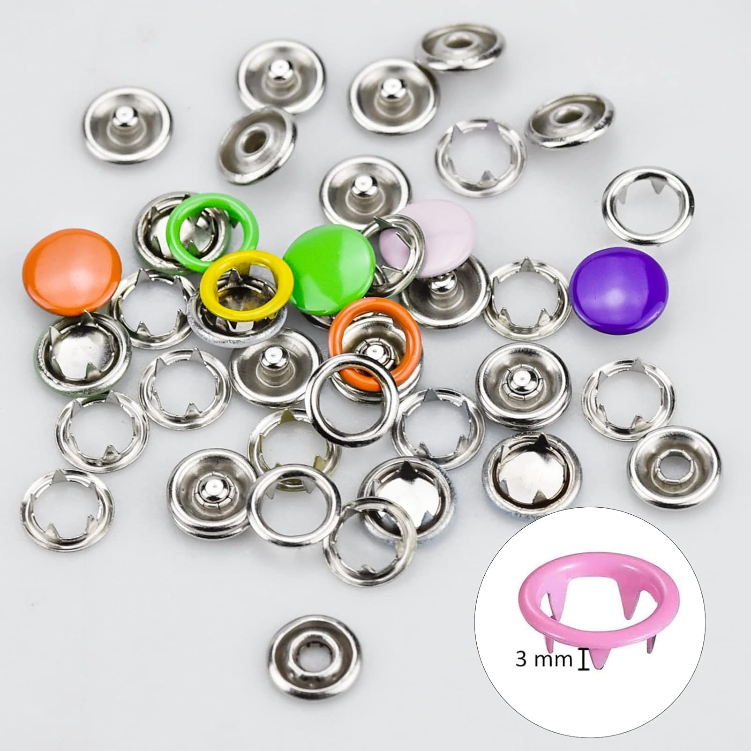 Lot de 200 boutons-pression avec pince - Anneau en métal - 9,5 mm - En jersey - 10 couleurs
