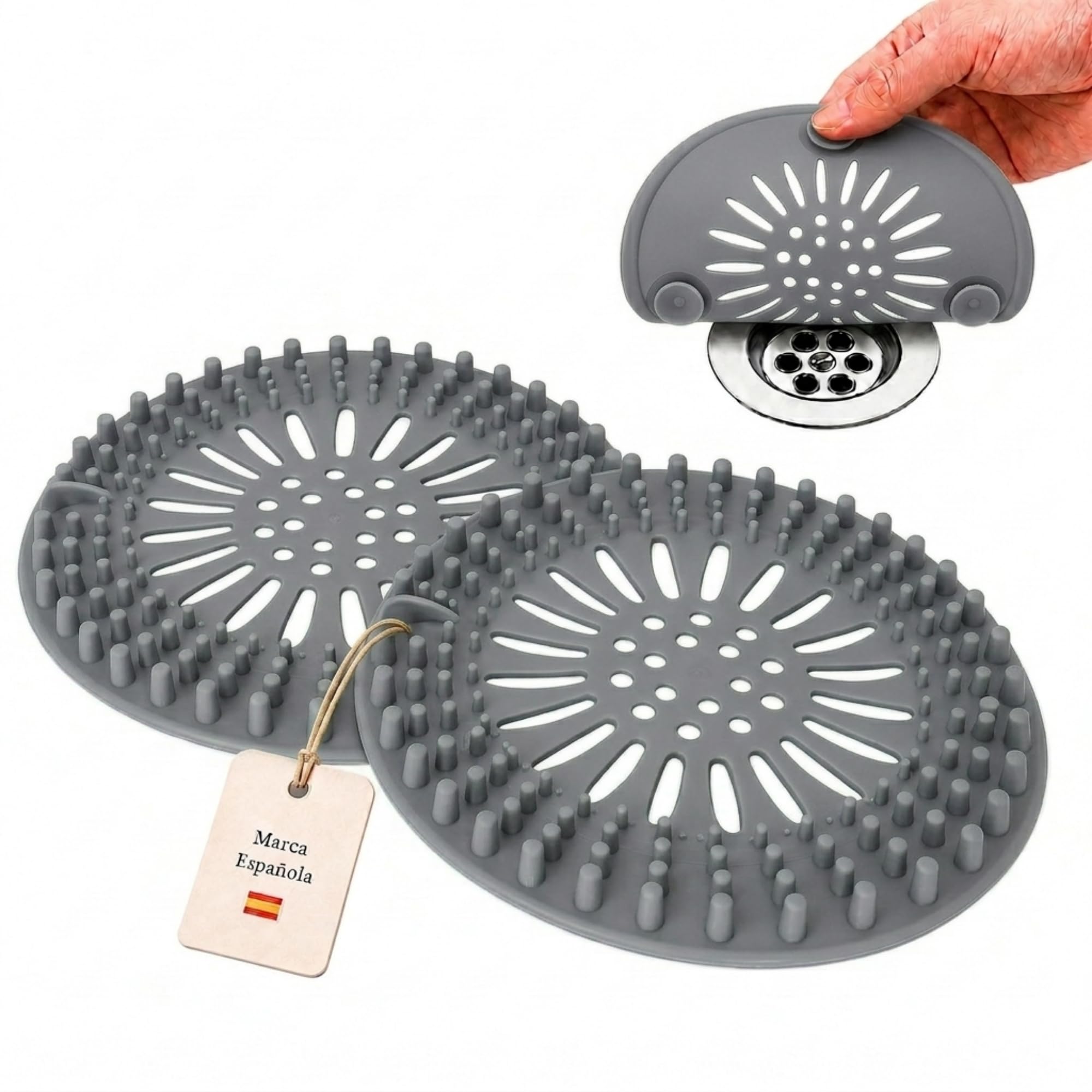 Atrapa Pelos Ducha | Rejilla Desague Ducha | Pack de 2 Unidades Color Gris con Ventosas | Filtro Desague para Bañera y Fregadero | para Evitar Cucarachas y Atascos.