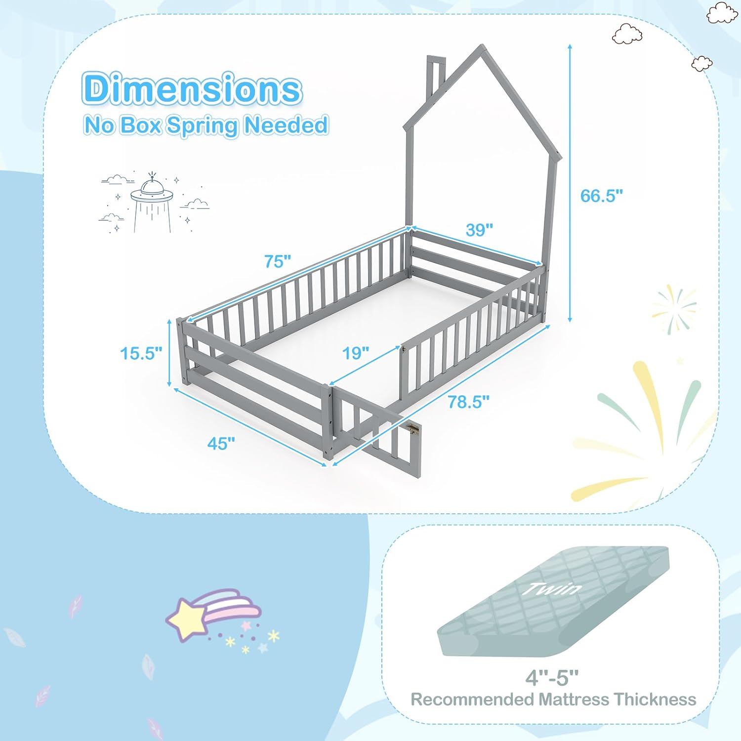Twin Floor Bed, Montessori House Bed, Floor Kid House Bed Frame with Fence, No Box Spring Needed, Wood Twin Size Platform Bed Frame for Boys, Girls (Gray)
