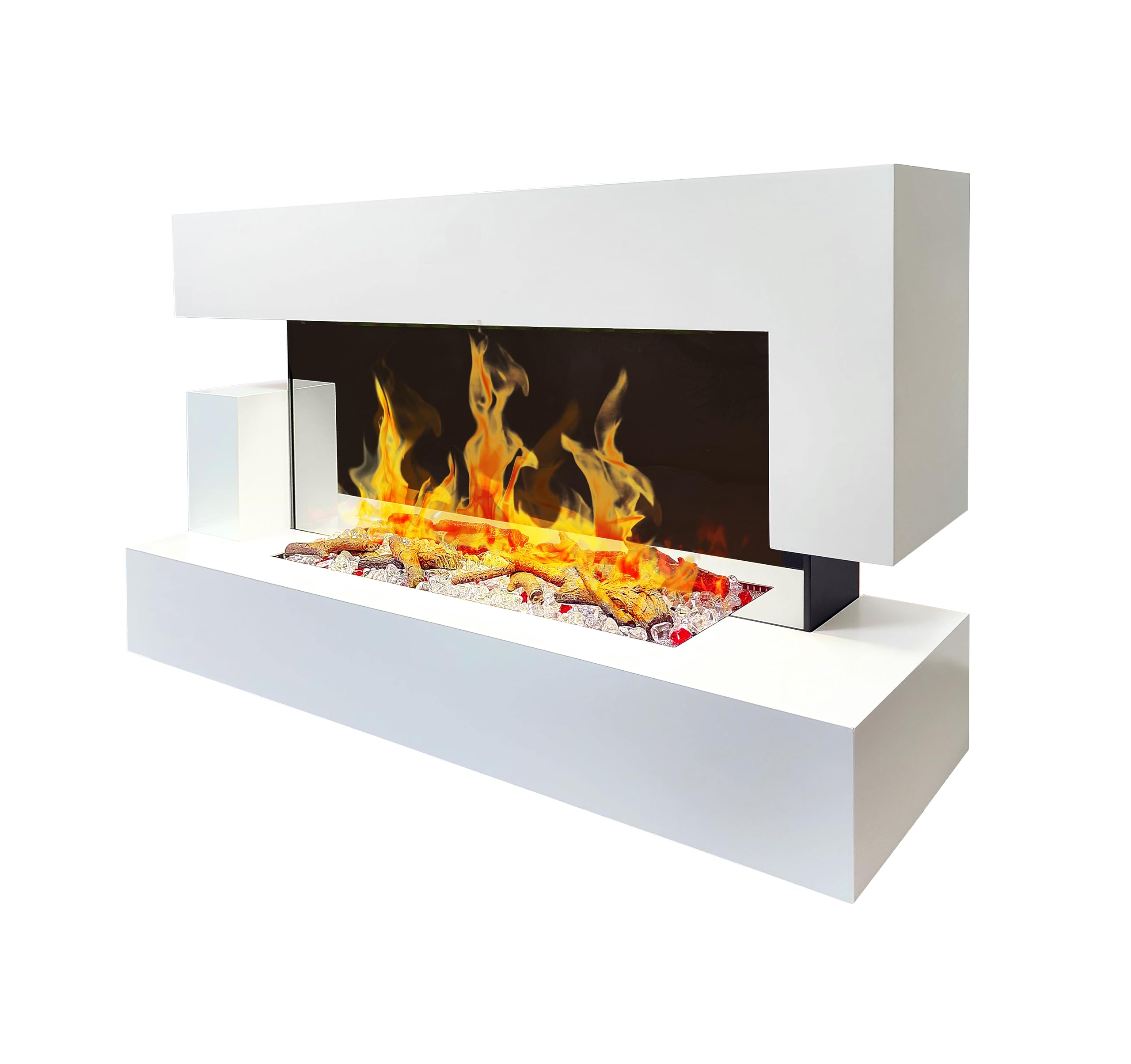 CHEMIN'ARTE Camino elettrico LED da parete Quarzt 120 cm - Bianco - Effetto fiamma LED - Telecomando, Caminetto con Timer e Controllo Automatico di Temperatura