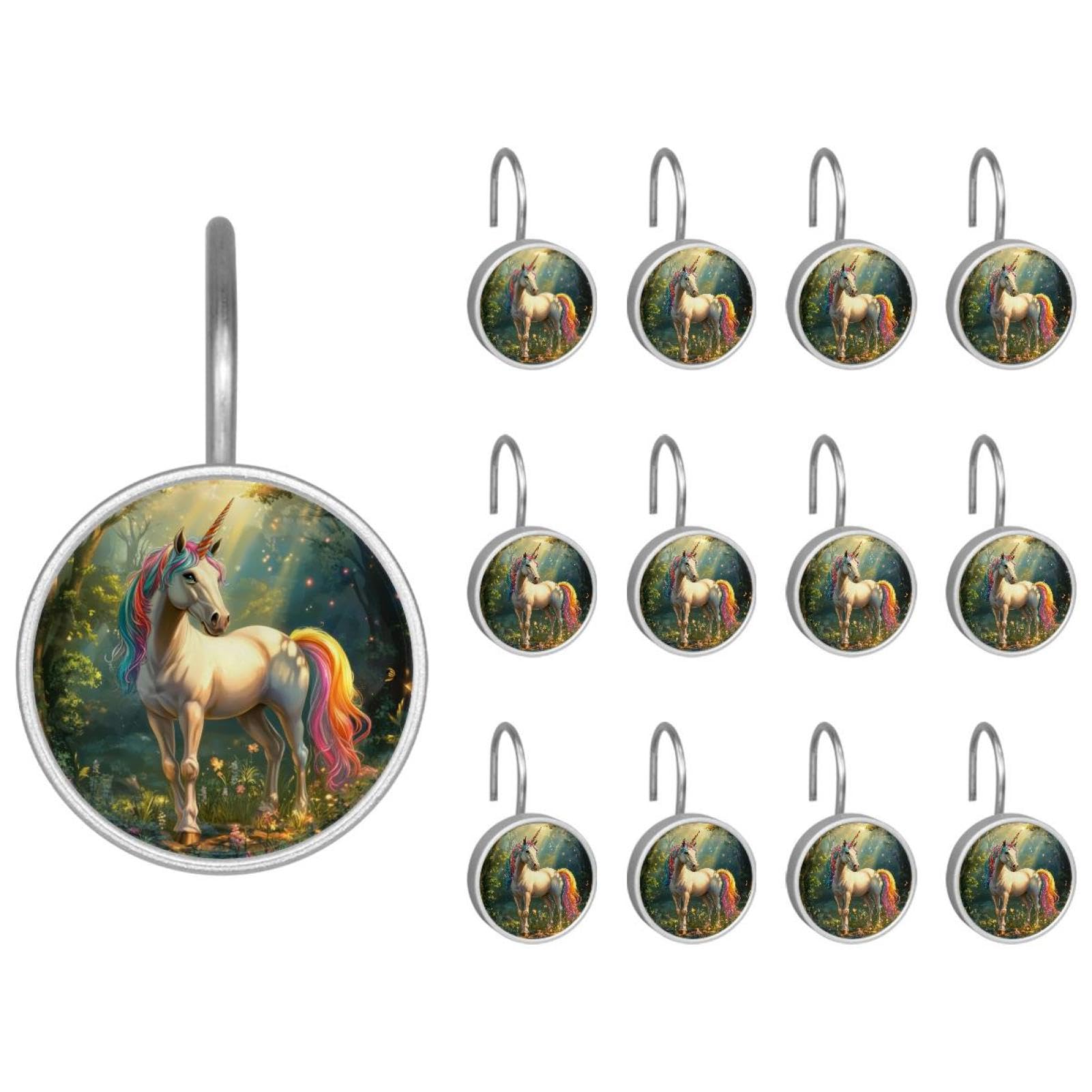 12pcs Glass Shower Curtain Hooks, Rust Resistant Decorative Shower Rings for Bathroom Living Room,Stainless Steel Hooks for Shower Curtain and Liner Rods (Spring Sun Unicorn)