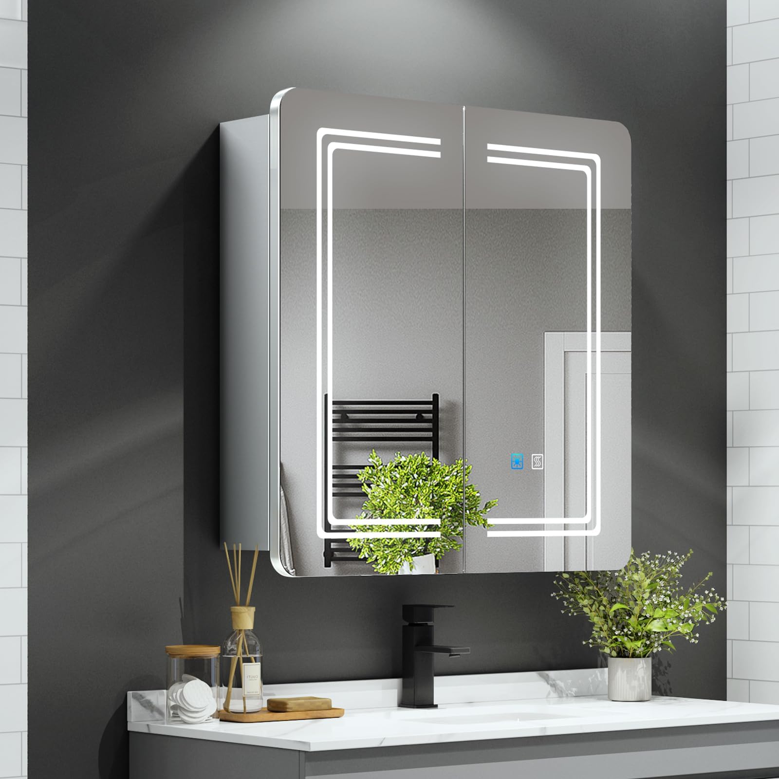 LED Bathroom Mirror Cabinets with Shaver Socket 63x65cm 2-Door | 3 Color Dimmable Lights, Anti Fog, Touch Sensor, Adjustable Glass Shelves, Wall mounted Cabinet for Space Saving, IP44 Rated