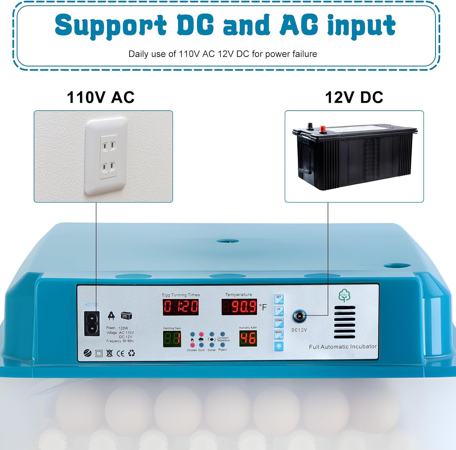 120 Eggs Smart Incubation Machine with Automatic Egg Turning&Temperature Control, Poultry Hatcher with 120-Egg Capacity&Humidity Regulation (Blue, Universal)