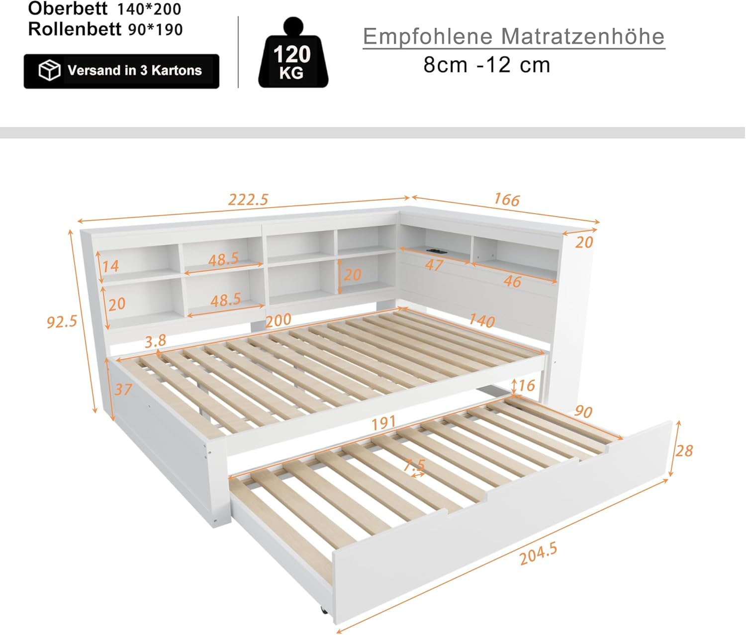 Diagram showing the dimensions and components of the Merax Children's Bed, indicating it ships in 3 cartons and has a maximum weight capacity of 120 kg.