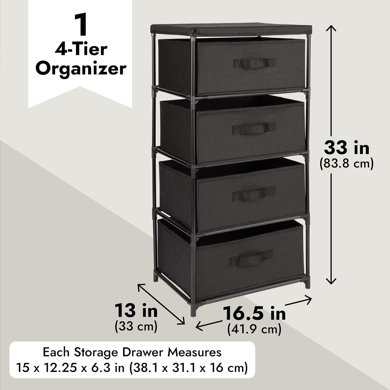Juvale 4-Tier Fabric Dresser for Closet - 16.5 x 13 x 33 in, Black - Storage Cabinet with Drawers, Closet Drawers & Bedroom Storage
