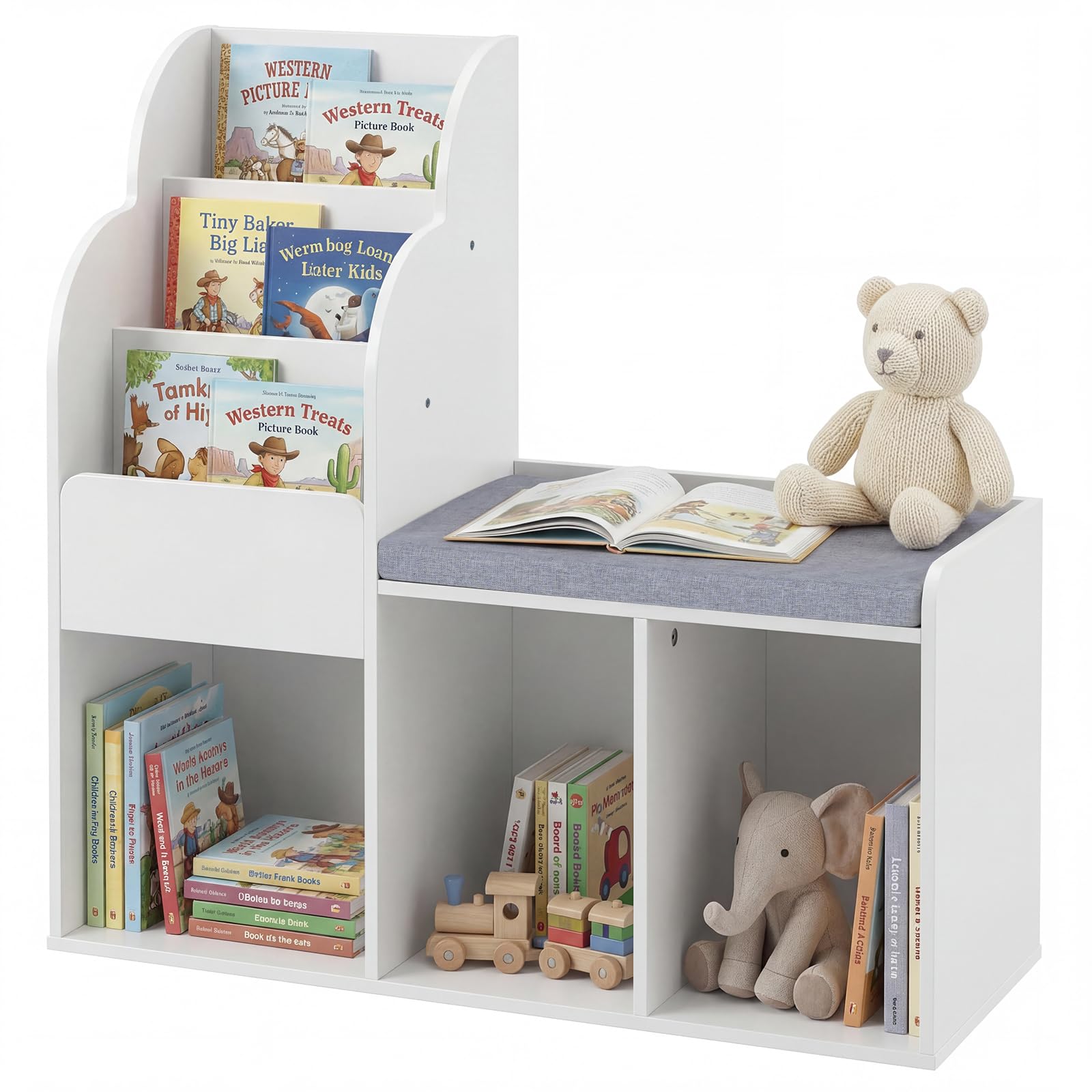 COSTWAY Estantería Infantil con Banco, Librería Infantil con Estantes de 3 Niveles, 3 Compartimentos Abiertos y Cojín de Asiento, Estantería para Niños para Dormitorio, Sala de Juegos