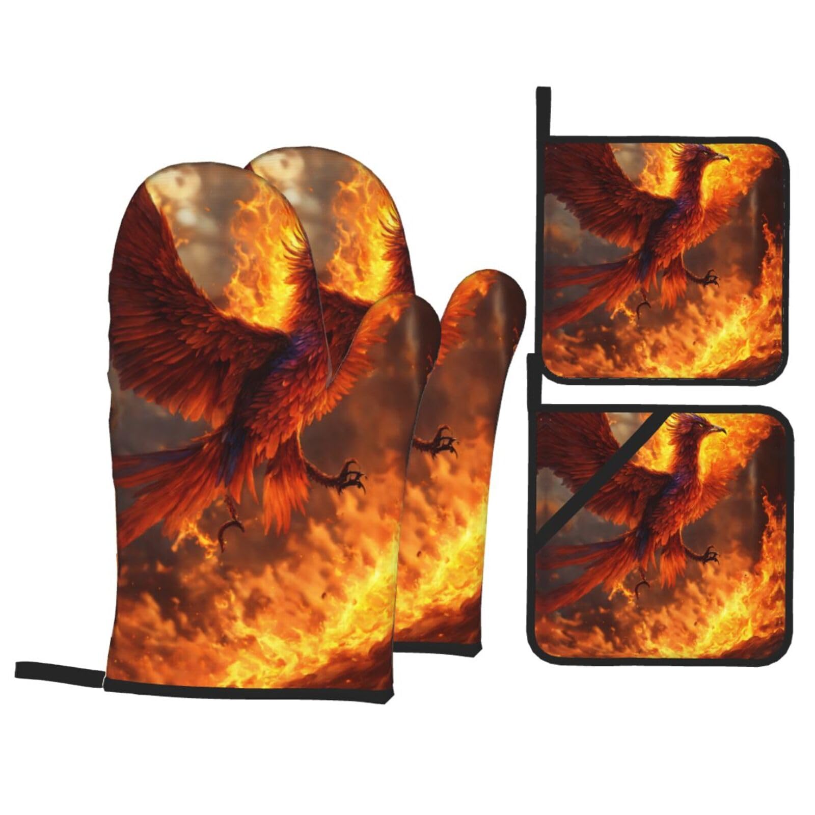 Phoenix Print Oven Microwaving Waterproof Kitchen Gloves for Baking Grilling Holiday Cooking