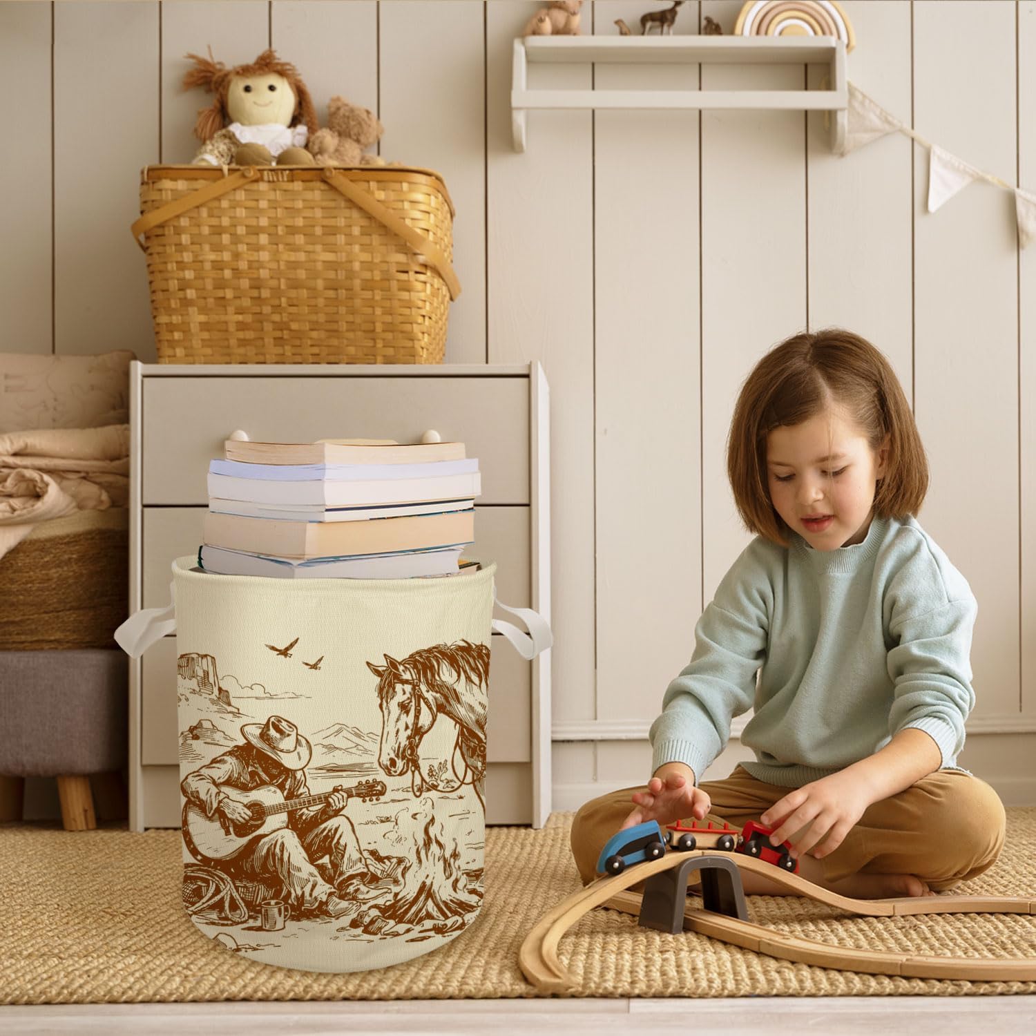 Western Country Cowboy Horse Laundry Basket, Vintage Wild West Cactus Desert Cowboy Laundry Basket Hamper Waterproof Collapsible Clothes Toys Storage Bin for Bedroom Bathroom Home