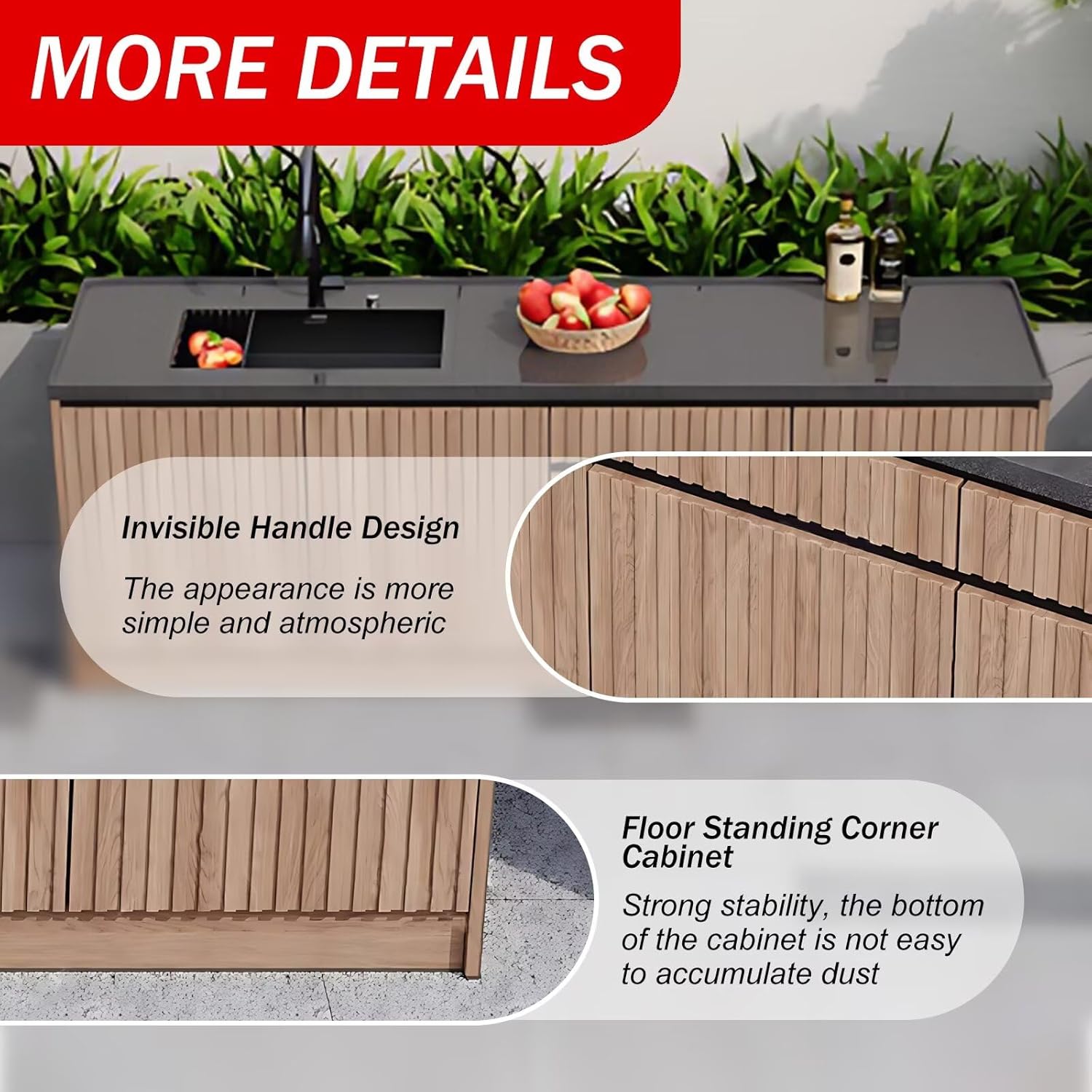 Outdoor Storage Cabinet - Outdoor Laundry Sink with Table Includes Hidden Handle & Wood Color Cabinet,Kitchen Table Includes Stainless Steel Sink & Rock Slab Countertop(70.86IN)