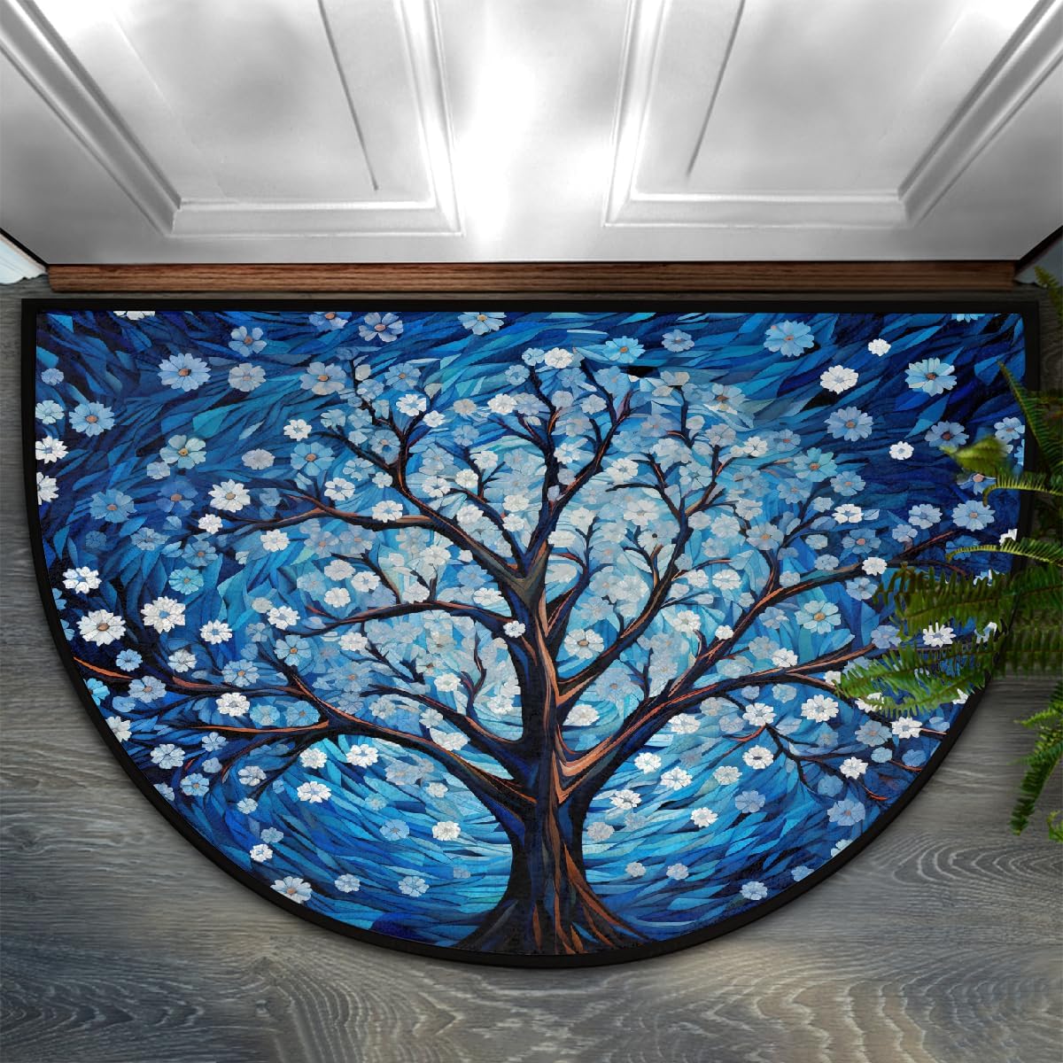 Half Round Door Mat Oil Painting Flower Art Half Moon Rug Washable Half Circle Area Rugs Indoor Entrance Non Slip Semi Circle Bathroom Rugs Floor Carpet for Kithen Bedroom Fireplace Decor