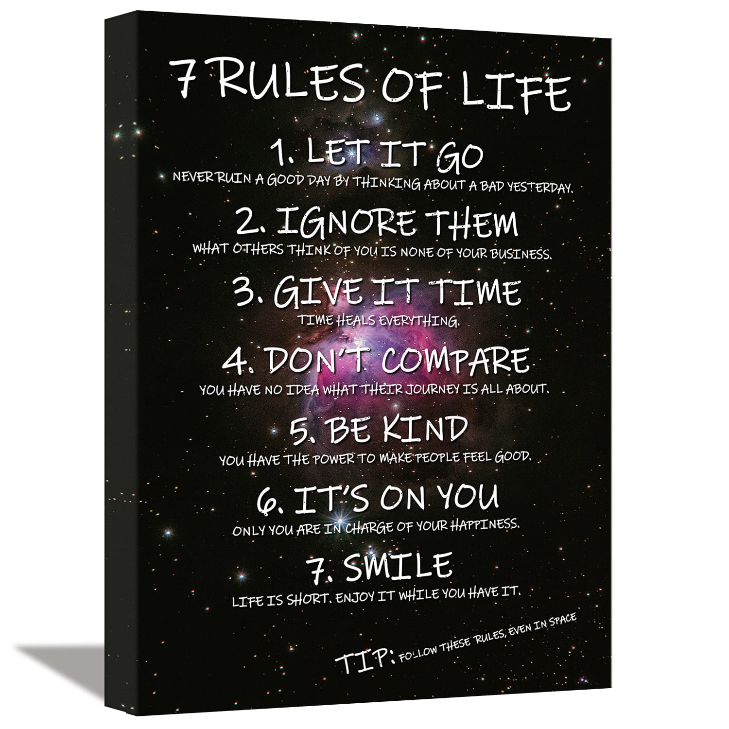 Sinsoledad 7 Rules of Life Inspirational Wall Art Space Waterproof Canvas Prints Framed Ready to Hang Motivational Quotes Home Office Wall Decor Positive Galaxy Office Decor 12” x 16”