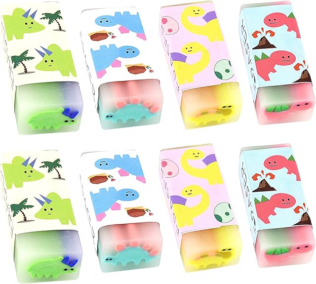 8 Pcs Dinosaur Erasers, Pastel Rubbers Erasers Plastic Pencil Eraser Pack Animal Pen Eraser Rubber Cute Cartoon Erasers Novelty Kids Erasers for School, Office, Student, Christmas Gift, Party Favors