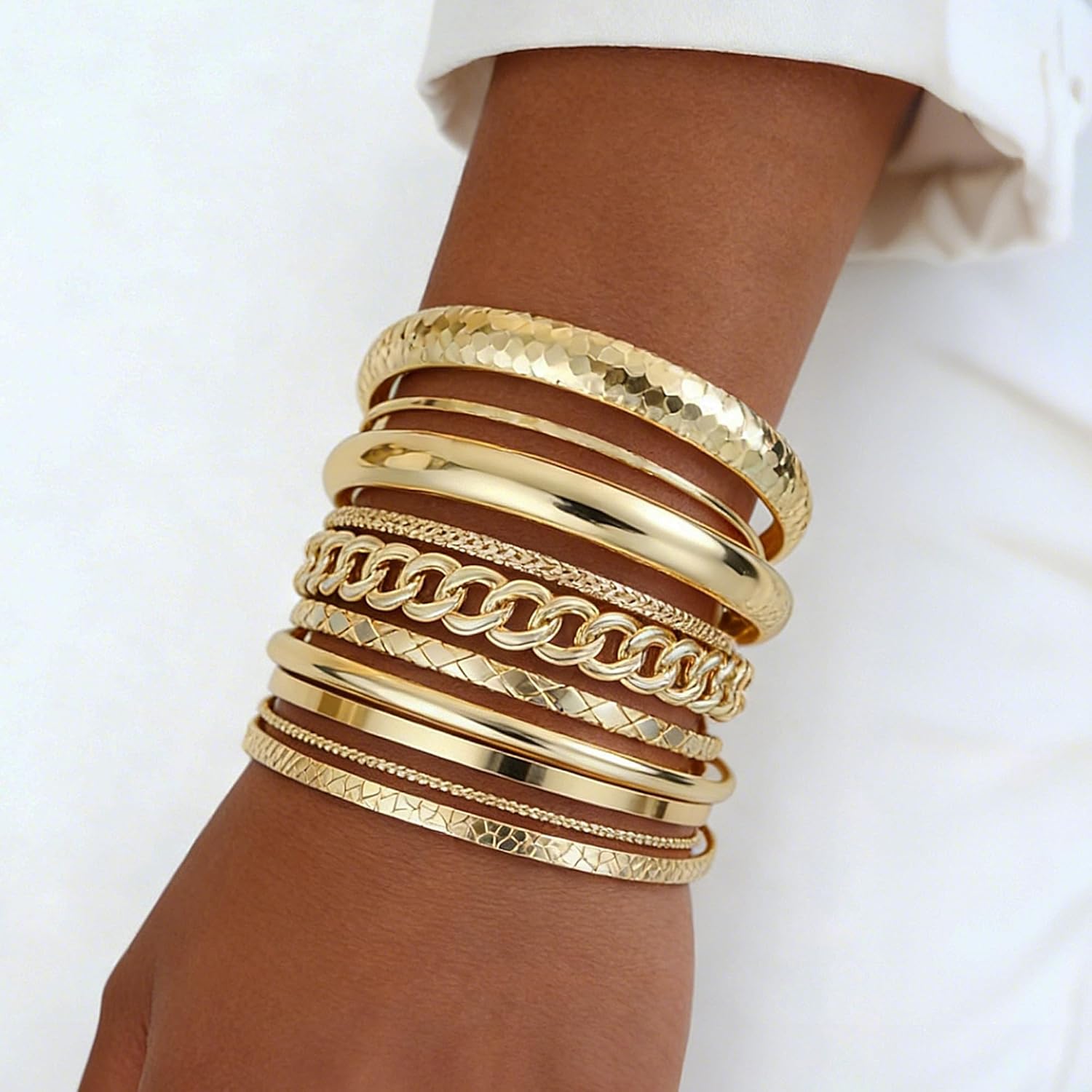 ÌF ME Gold Bangle Bracelets for Women, 19Pcs Multi Stackable Textured Bangles Set, 14K Gold Plated Chunky Bracelet Boho Jewelry Gifts - Image 7