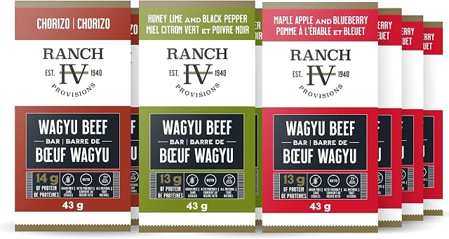 Ranch IV Provisions Wagyu Beef Bar - Variety Pack - High In Protein, Tender Texture, Sustainably Sourced, Soy Free, Non GMO, Keto Friendly, Nothing Artificial 43g (Pack of 12)