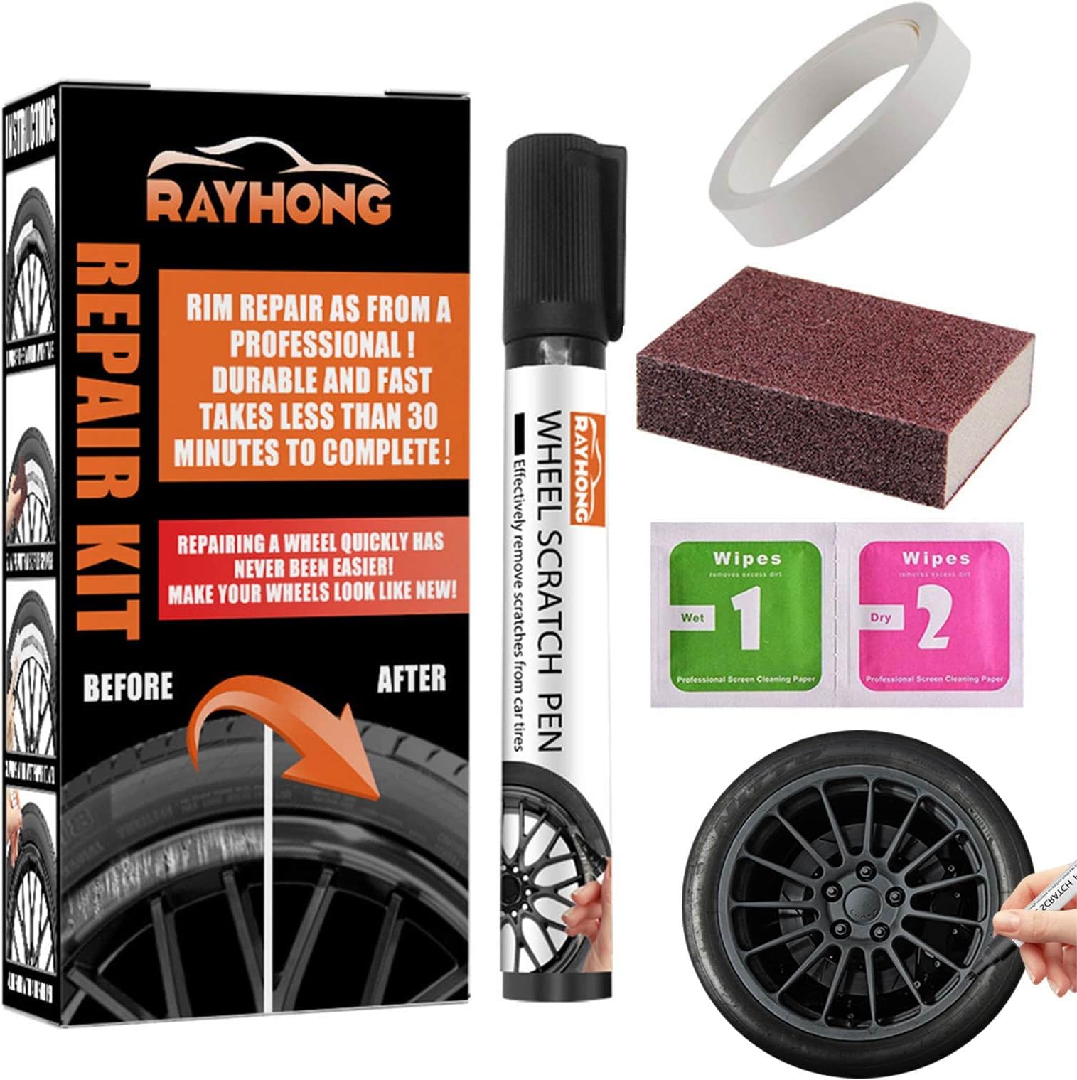 Wheel Scratch Repair Kit, 5.43Inch No Tools Pen Alloy Wheel Repair Set, Fix Curb Rash Car Rim Scratch Remover through Tyre, Natural Color Auto Rim Scratch Care with Sandpaper Sponge Pen Tape and Wipes